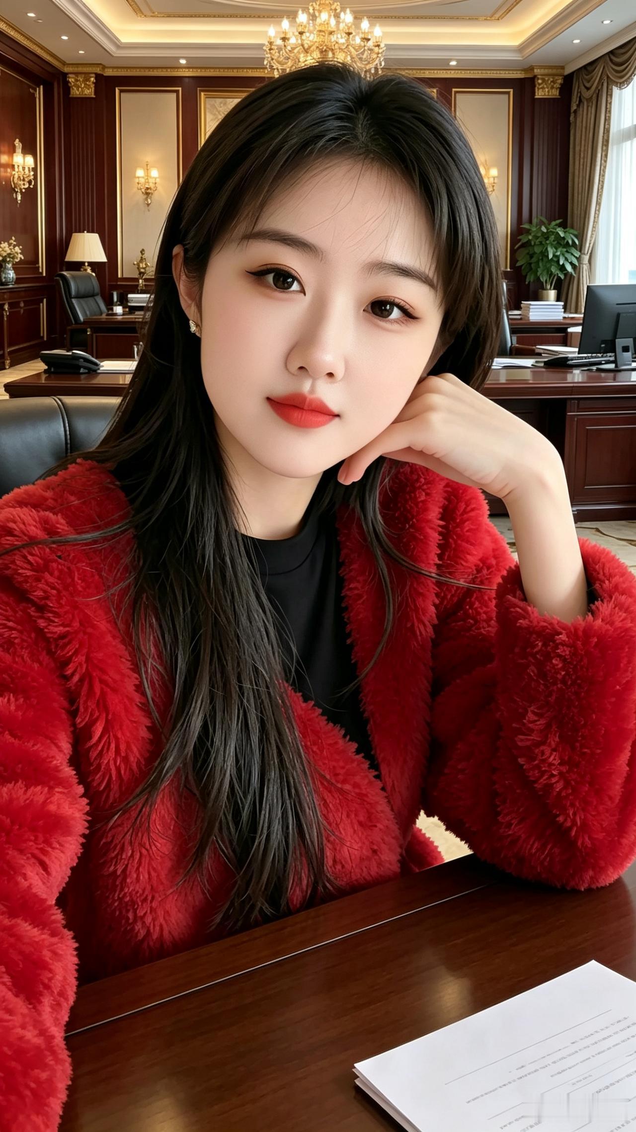 红衣佳人
红衣似火耀华光，
静坐奢华办公室。
长发如瀑落肩旁，
明眸皓齿姿容丽。