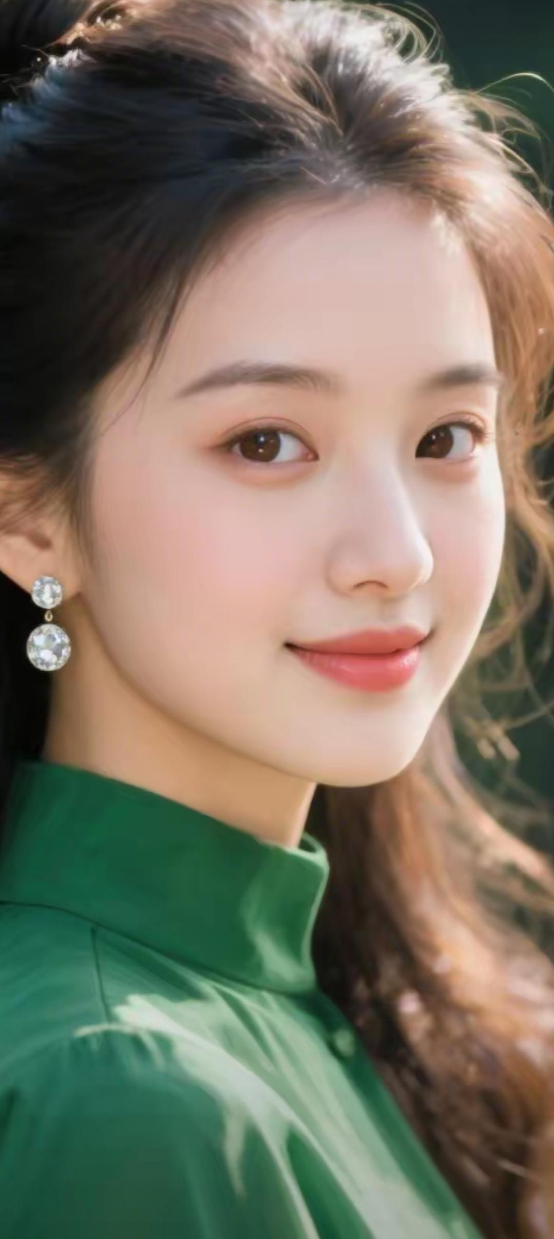 温柔甜美的笑容，绿色衬衫与钻石耳环的完美搭配，散发着自然的光彩。