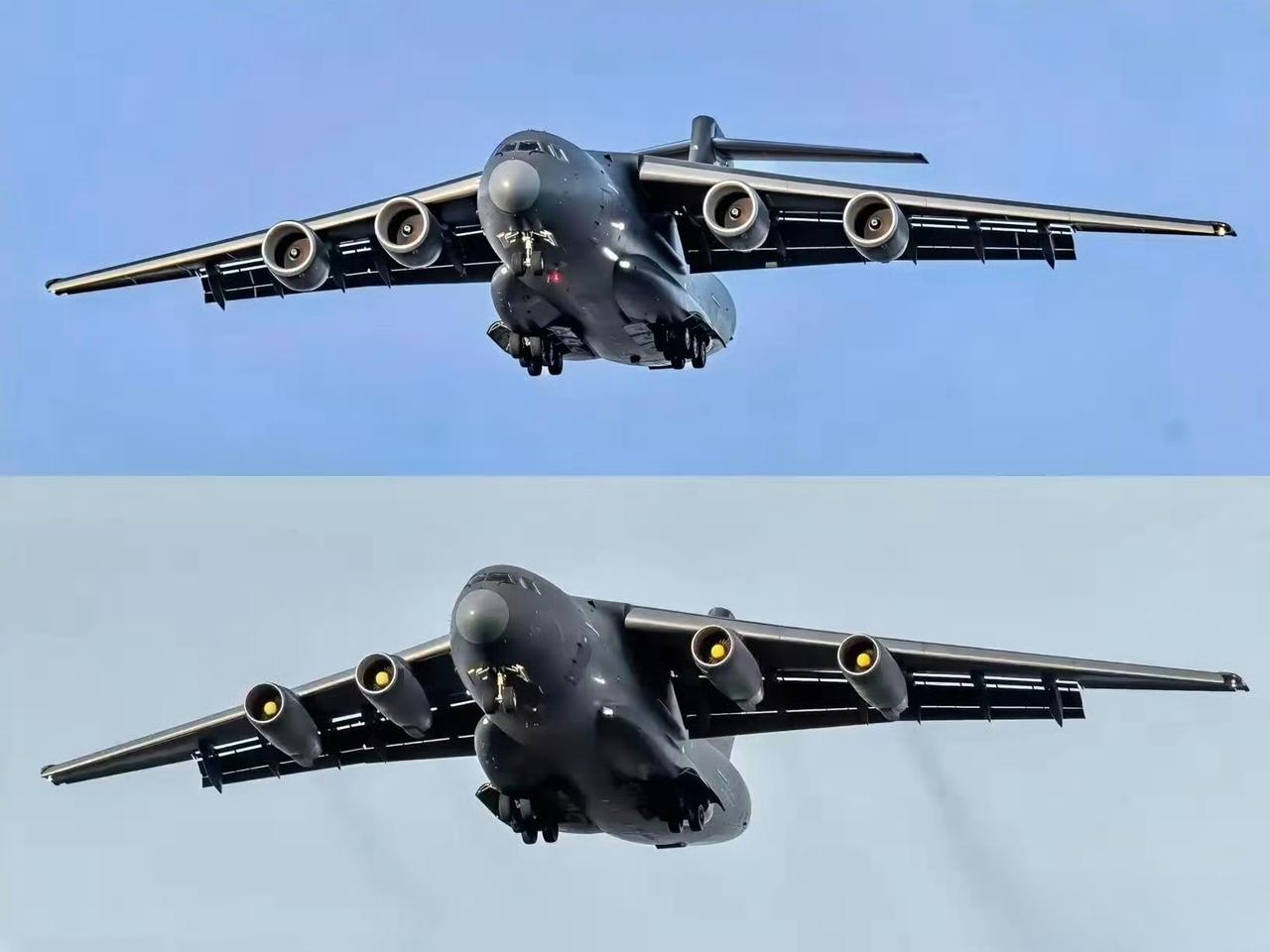 运-20A和运-20B运输机同角度对比，发动机大了整整一圈。