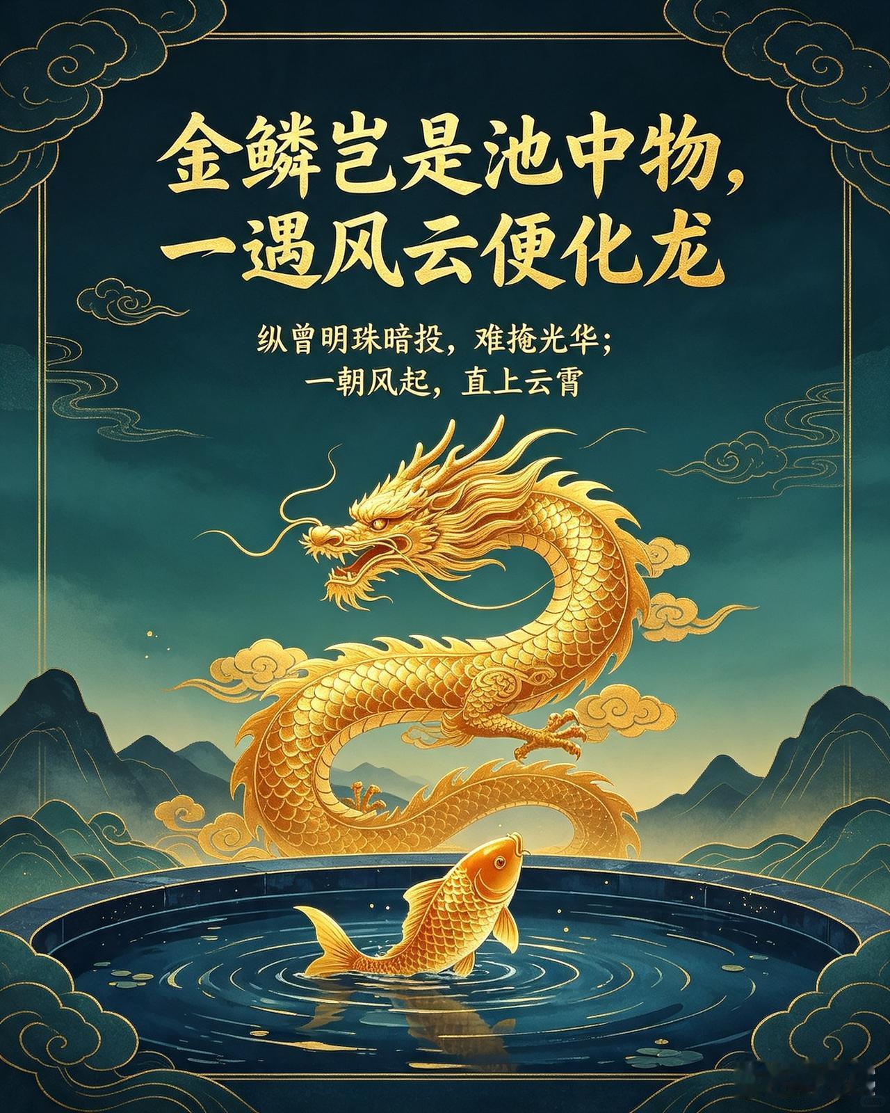一朝风云际会，便化龙飞腾。
此之谓：“金鳞岂是池中物，一遇风云便化龙。”