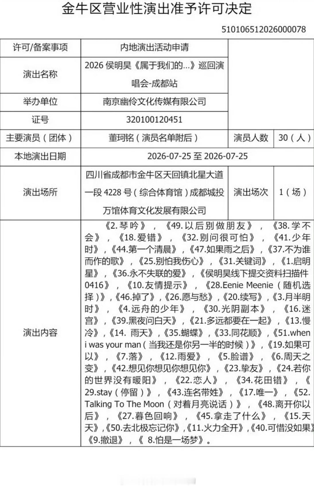 侯明昊个人演唱会成都站歌单🈶又是一票难求 