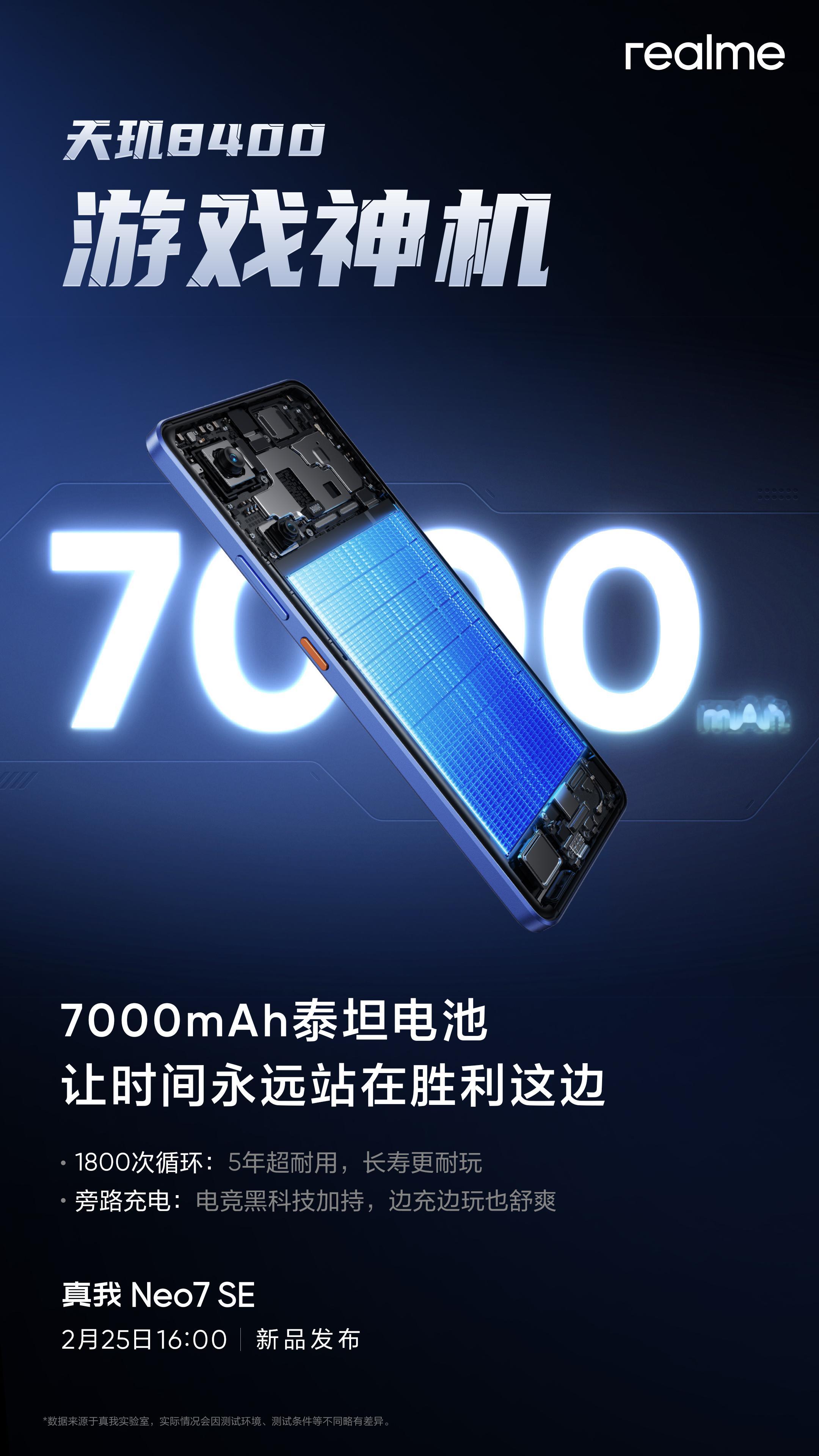 真我Neo7SE  顶级续航——7000毫安时大电池，充满用两天；满级耐用——I