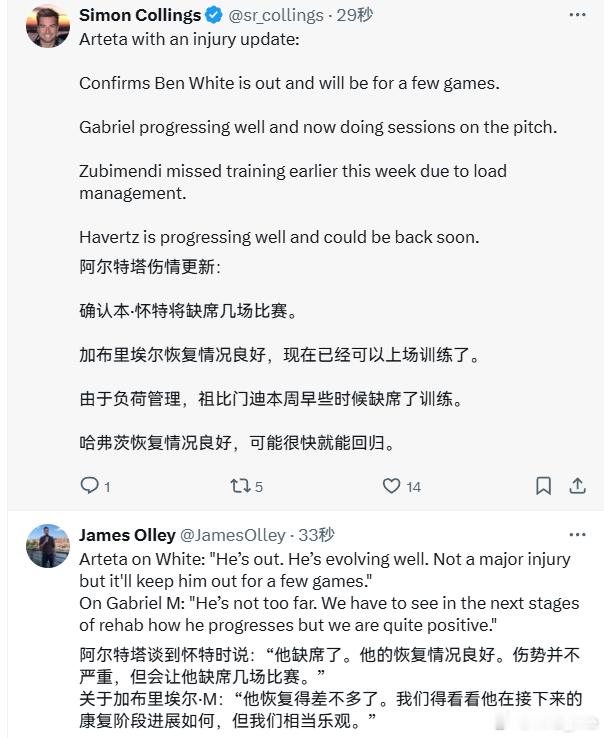 【伤病更新】阿尔特塔赛前发布会：关于加布：“他恢复得差不多了，已经可以参加场地训