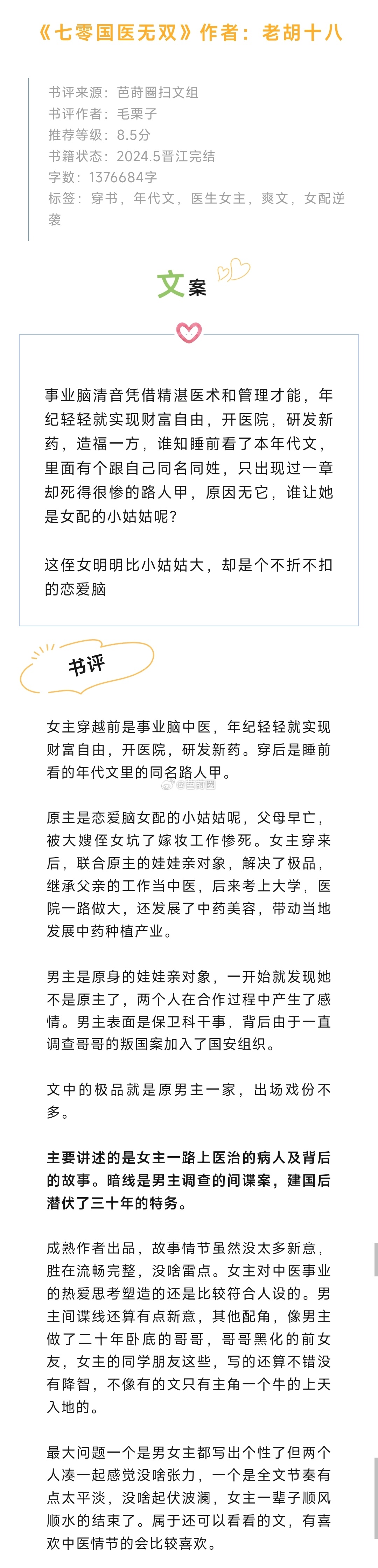 #芭莳圈推文[超话]##火爆全网的好看小说# 《七零国医无双》作者：老胡十八女主