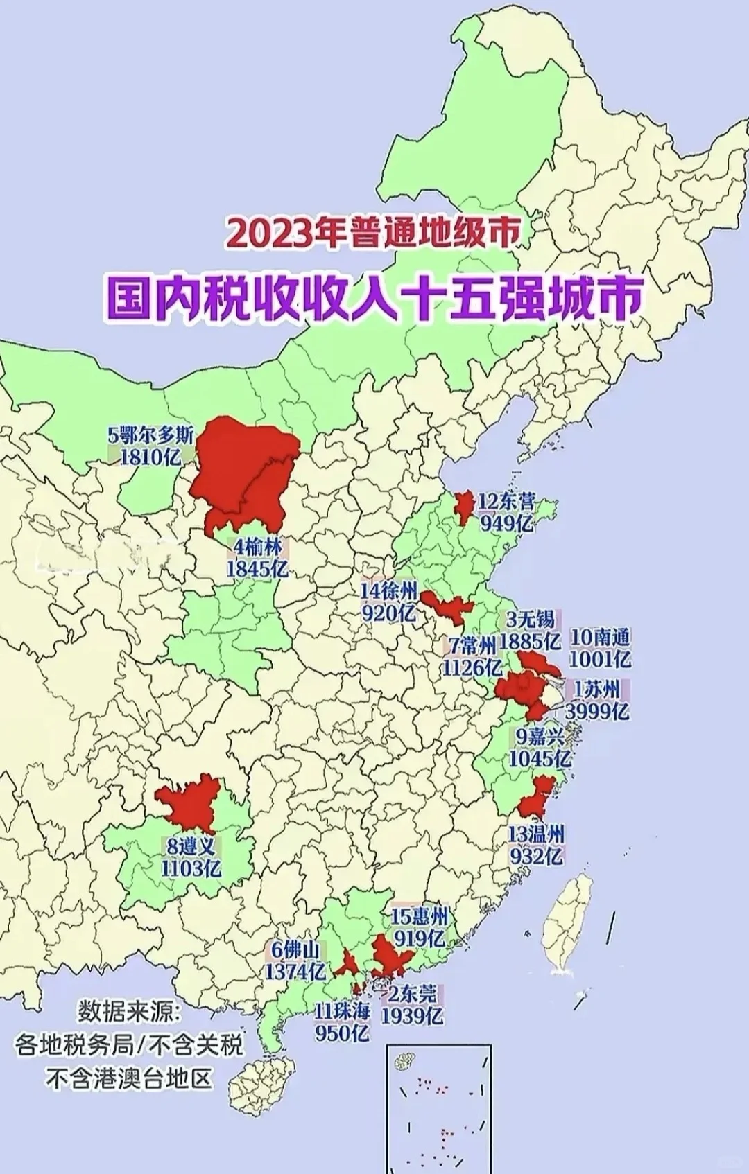 普通地级市税收15强，一哥绝对是无法撼动