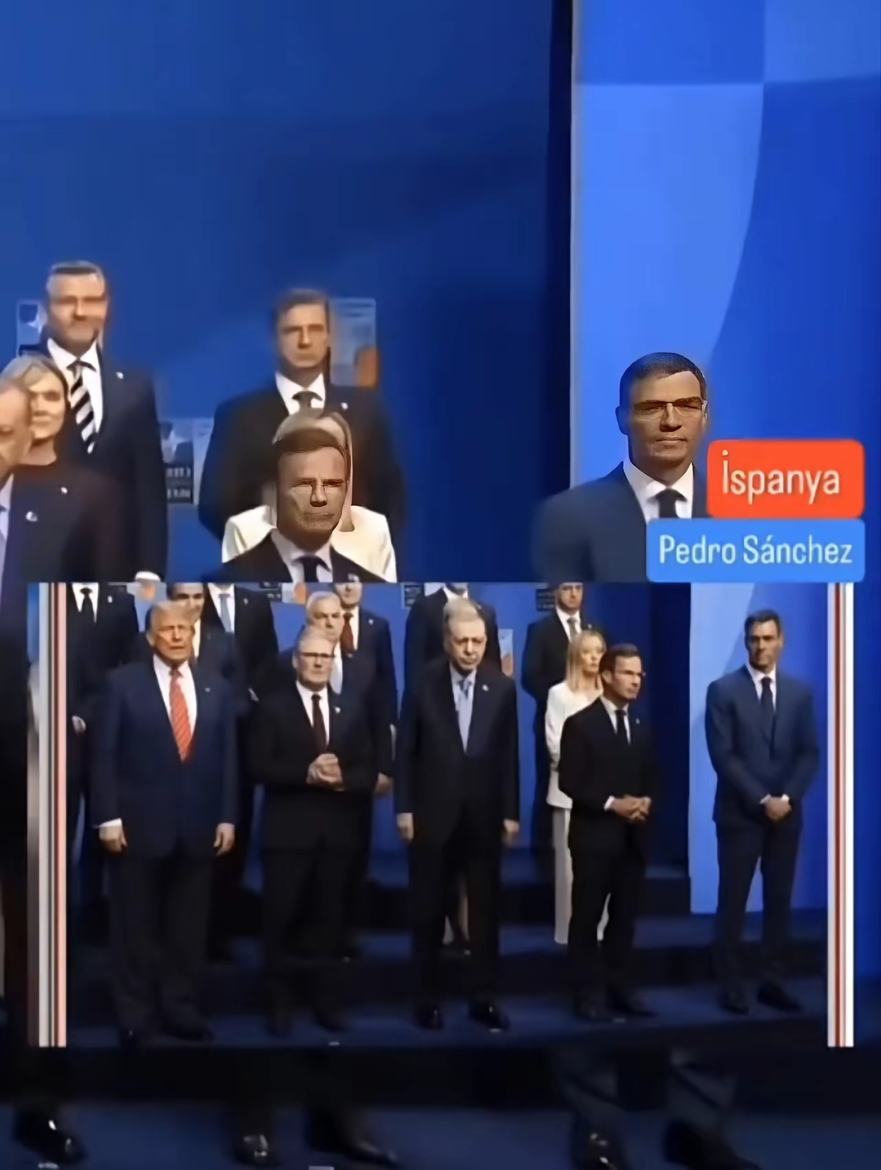 当欧洲各国和美国领导人一起合影时，西班牙首相则独自站在一边。 