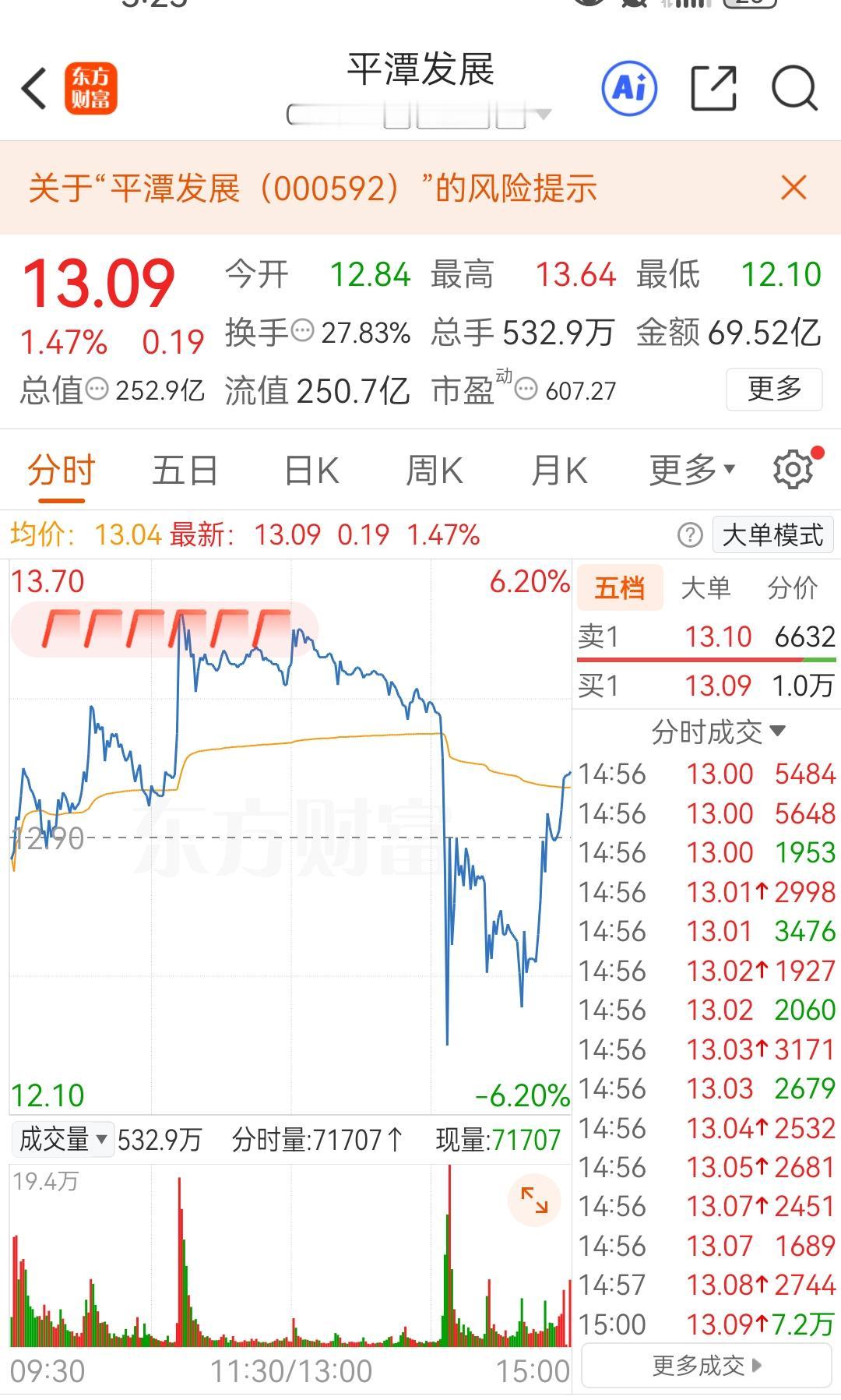 这是散户能干的出来的？今天平潭发展突然闪崩，两点过直接大幅跳水跌超5%，又被资金