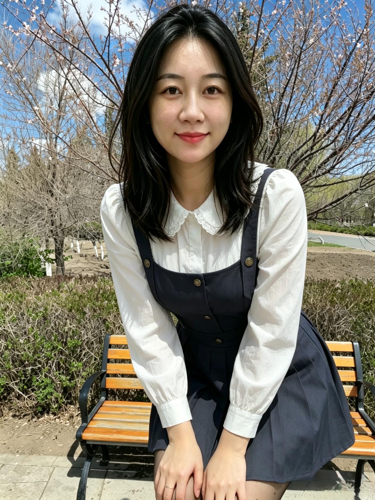 白衫蕾丝领边轻，
藏蓝裙衬笑盈盈。
俯身椅畔春光里，
一树新枝入眸明。