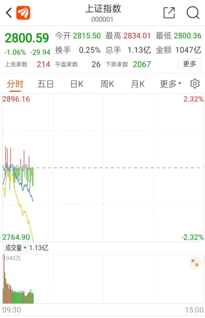 2800点岌岌可危啊，跌起来真的是稀里哗啦，个股又跌成狗了，手里还有持仓的现在心