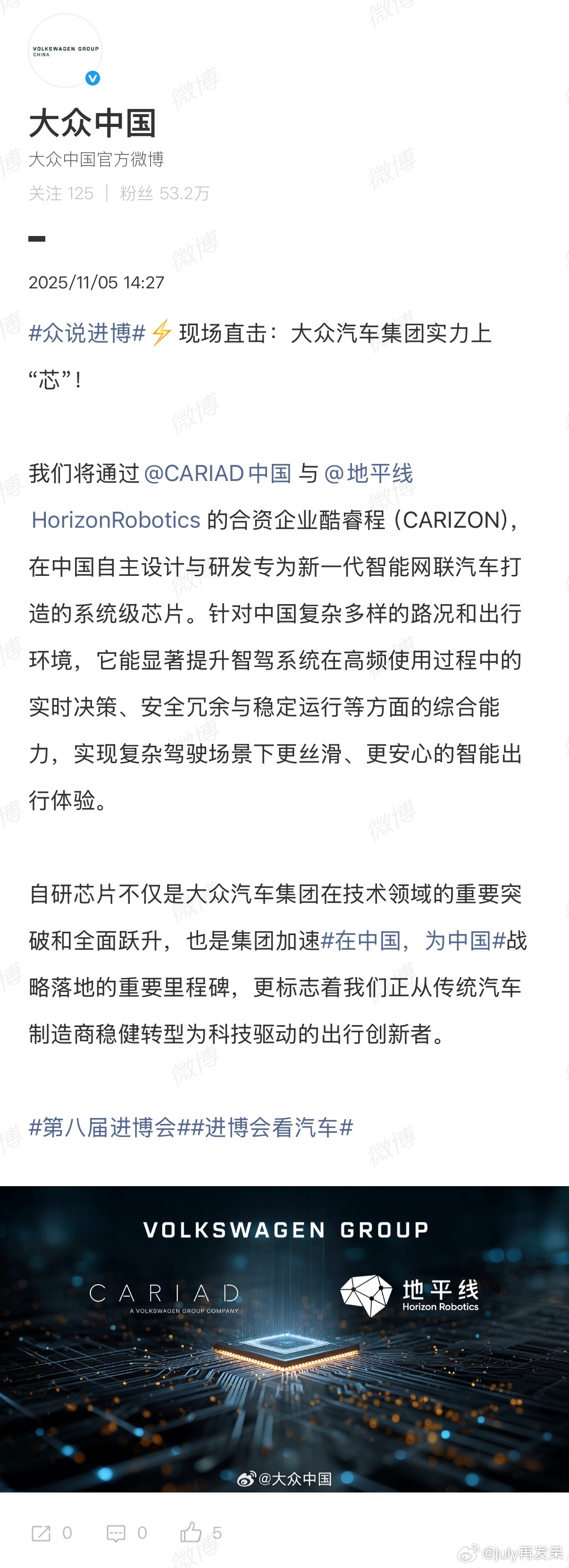 大众与合作布局自研芯片第八届进博会 ​​​