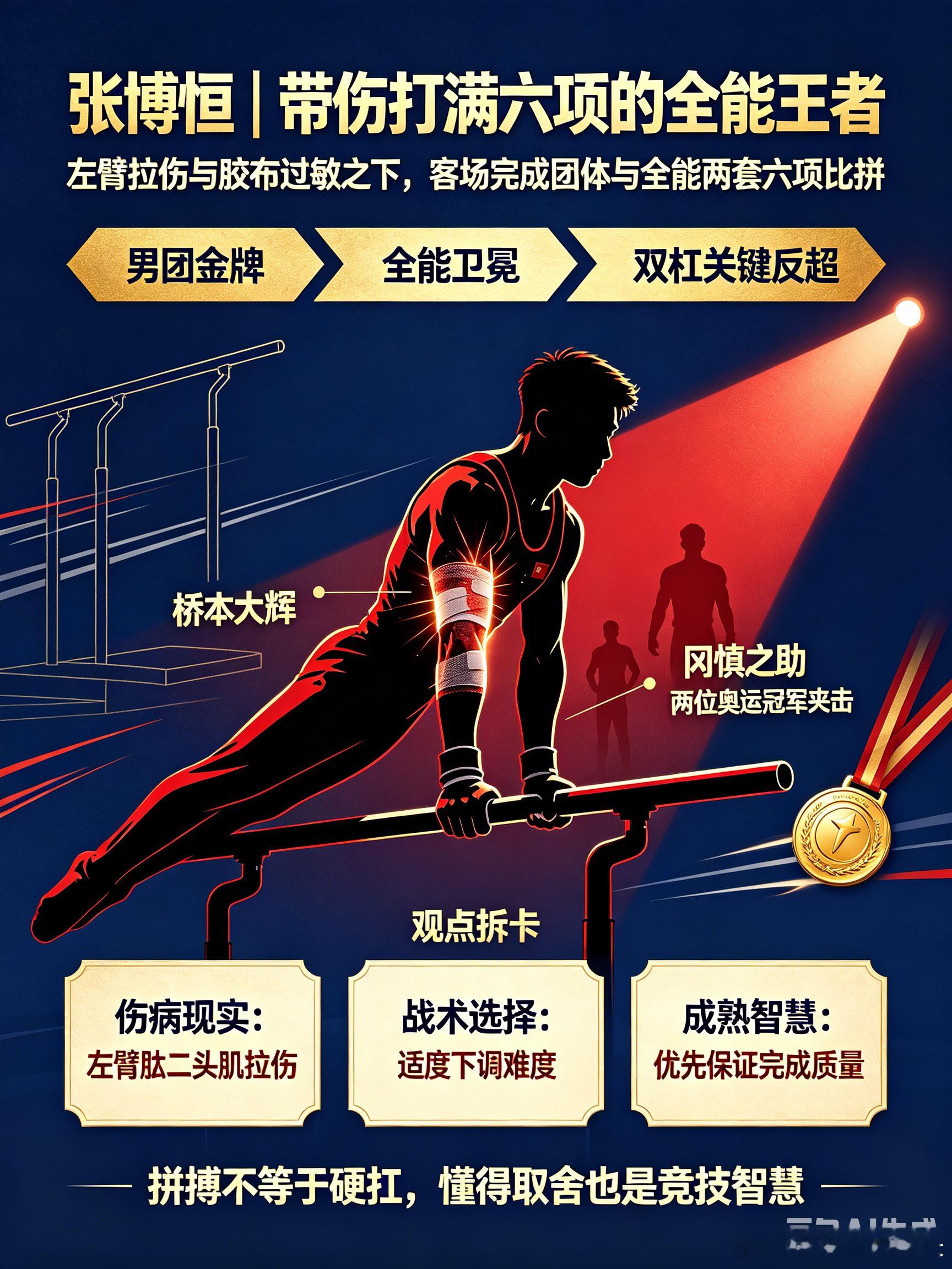 张博恒 带伤战满6项名古屋亚运会，张博恒左臂肱二头肌拉伤，还存在胶布过敏问题，依