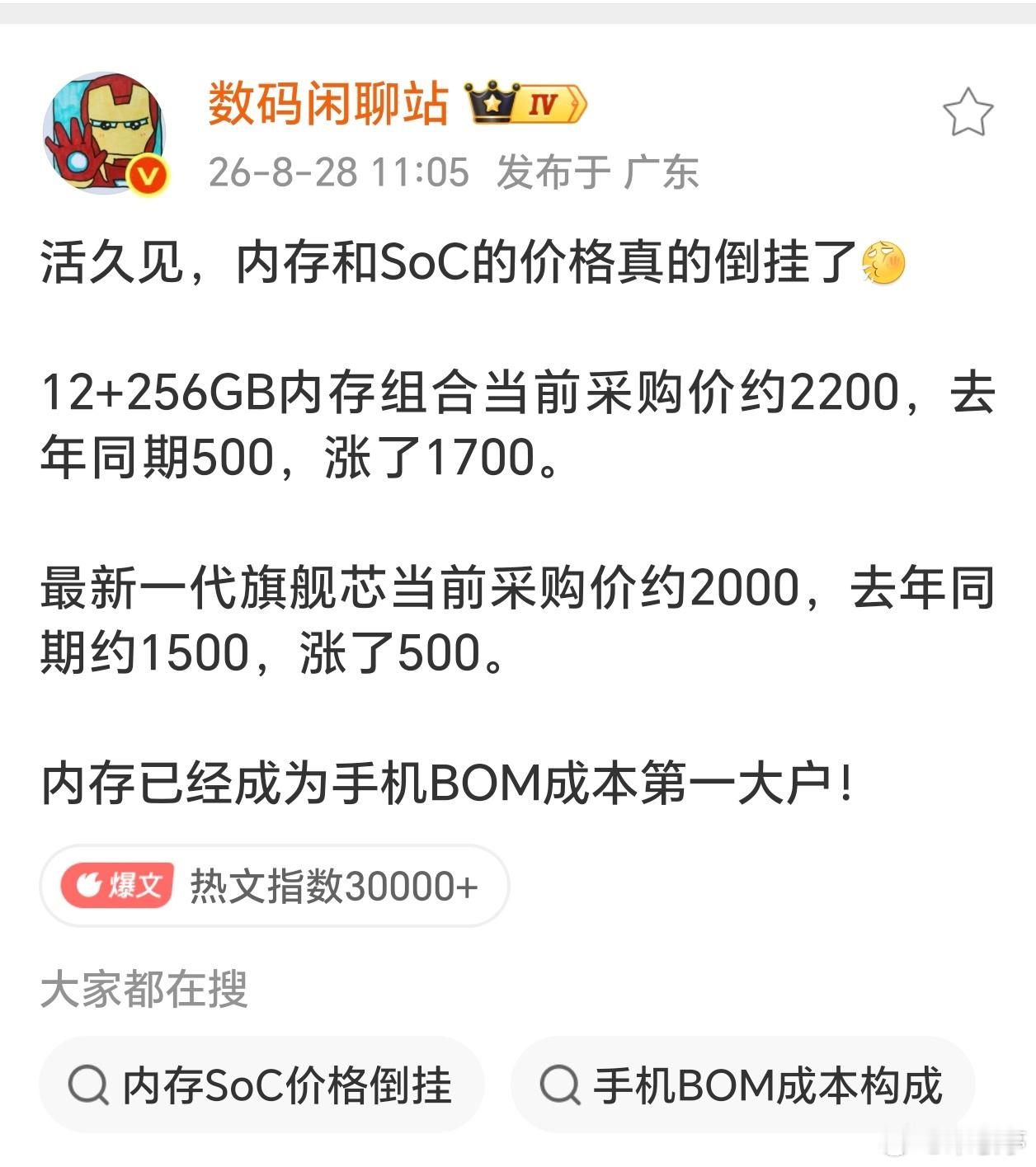 如今12+256GB内存组合采购价2200？这成本谁抗的住啊[吃惊]？那如今12