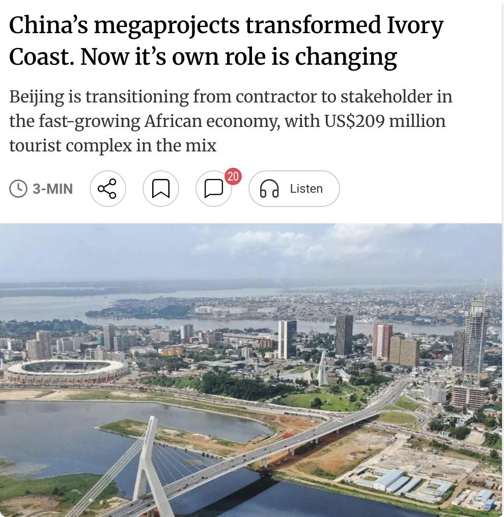 外媒：中国在科特迪瓦的角色正从工程承包商向长期利益相关者转型。

过去十余年，中