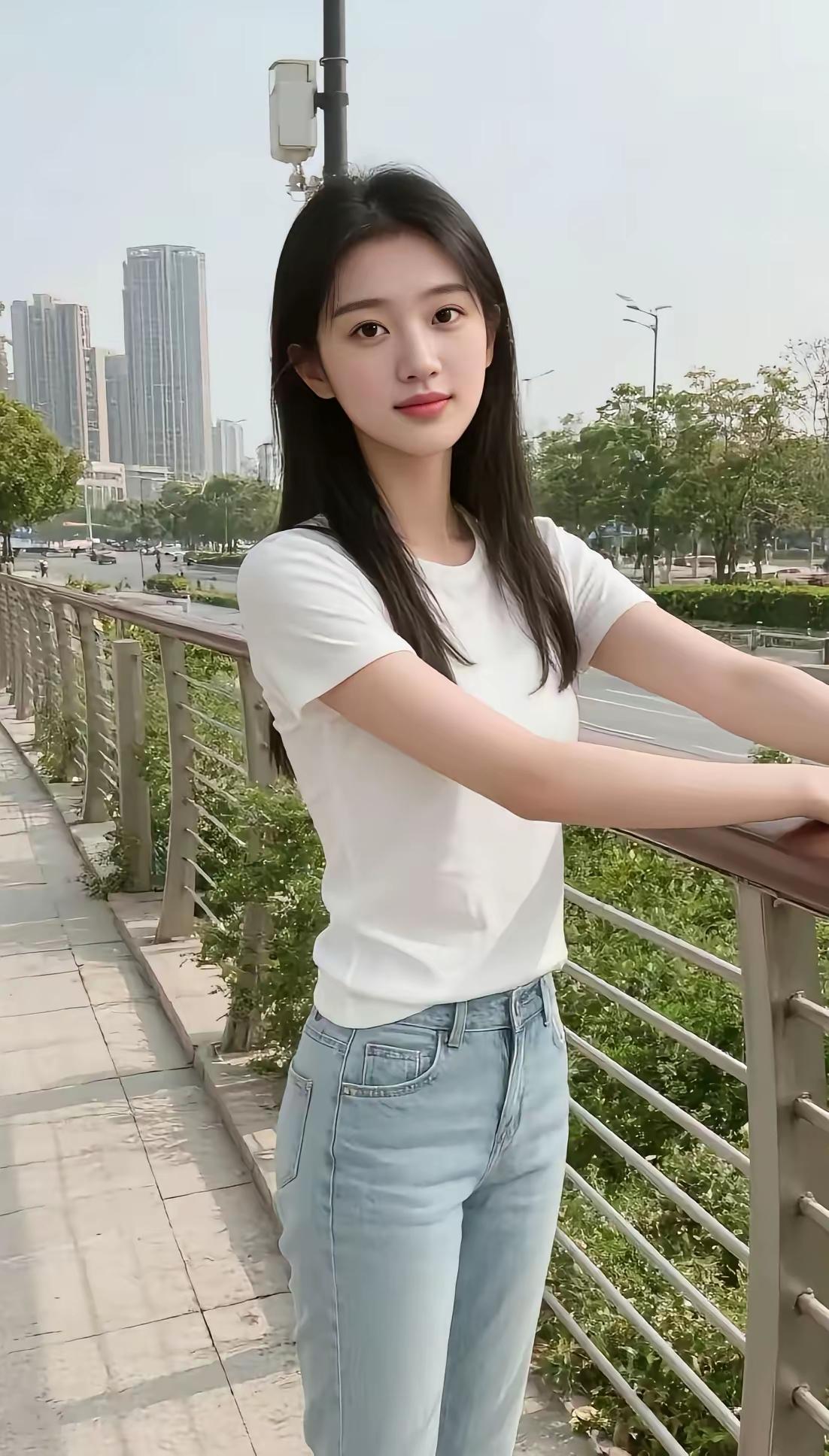 这个女孩在河边拍照呢。