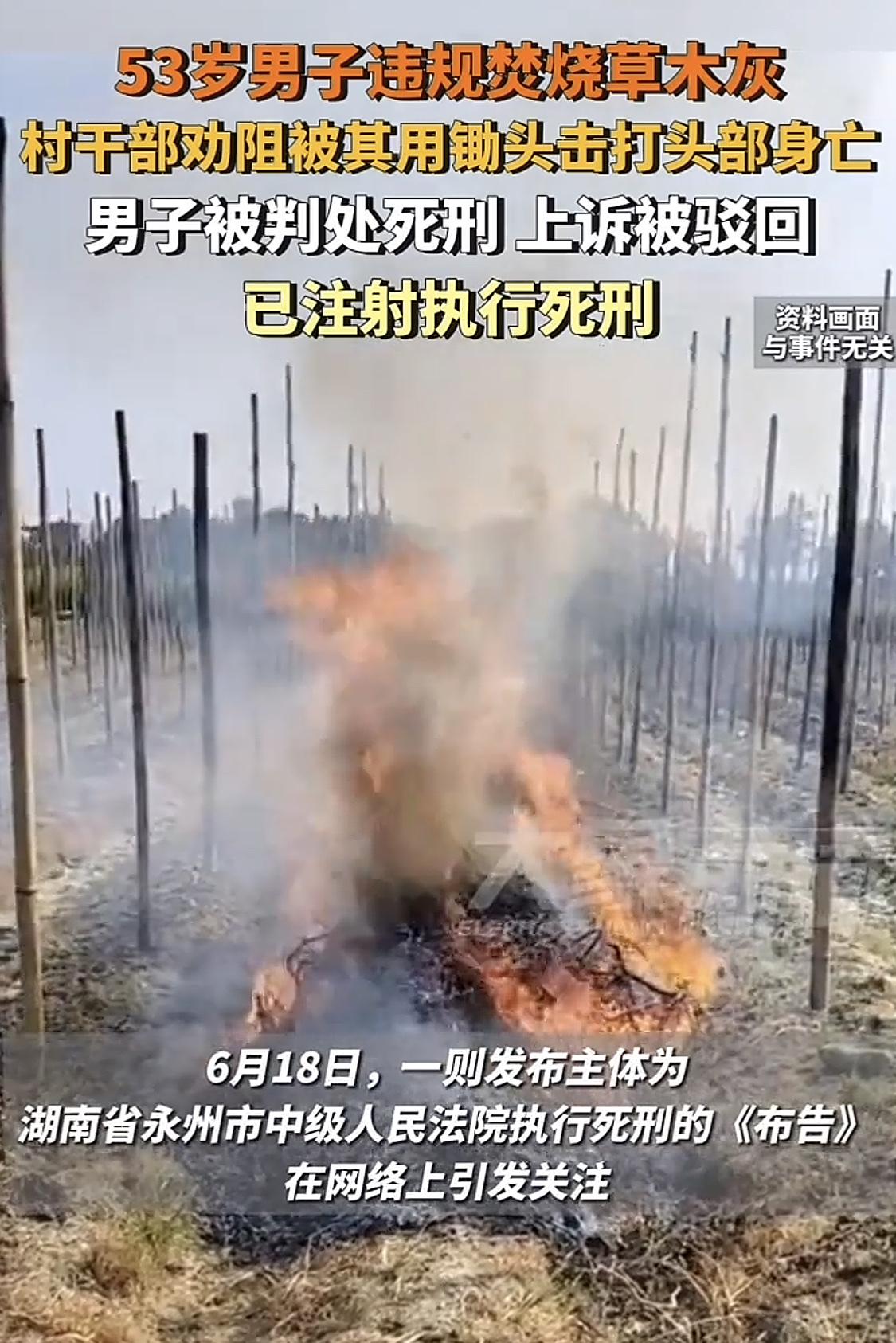 53岁男子违规烧草木灰，村干部上前阻止，被他用锄头砸死，事后，男子被判处死刑，上