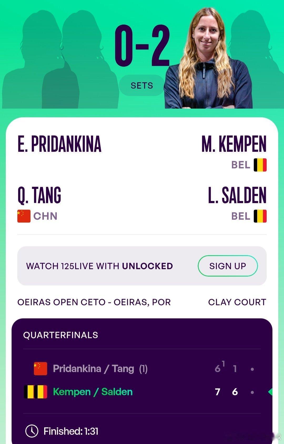WTA125奥埃拉什站🇵🇹女双8进4头号种子汤千慧🇨🇳/普里丹金娜🇷?
