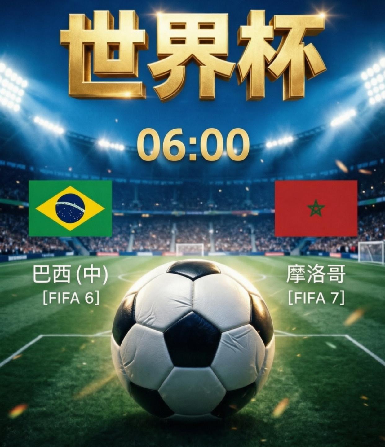 🇧🇷巴西vs🇲🇦摩洛哥开球：巴西 倾向：主胜 年龄：1 0  2 0  