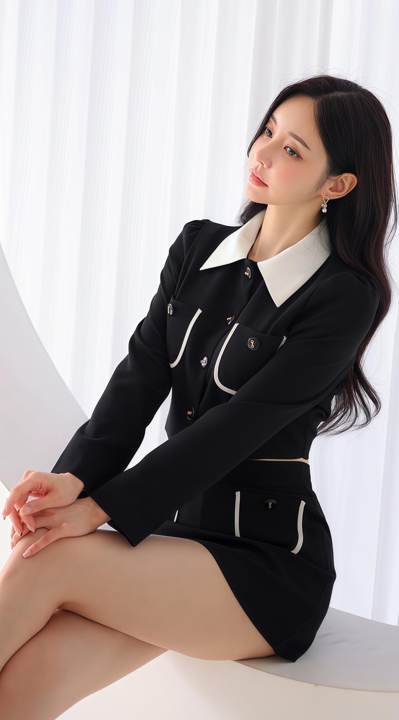 黑衣美人坐，白纱映影长。