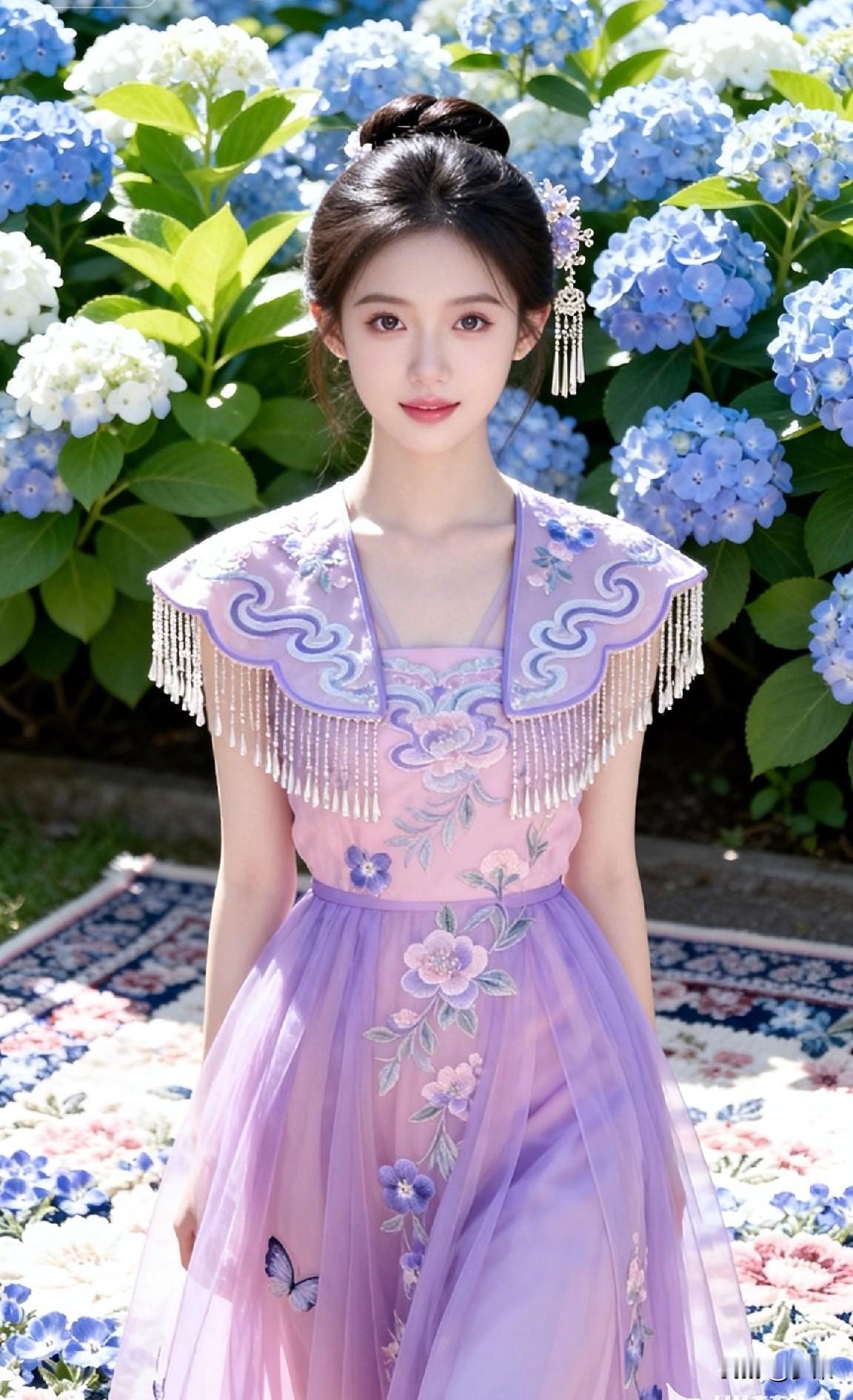 梦幻少女与蓝紫花海，唯美古风裙摆飘逸