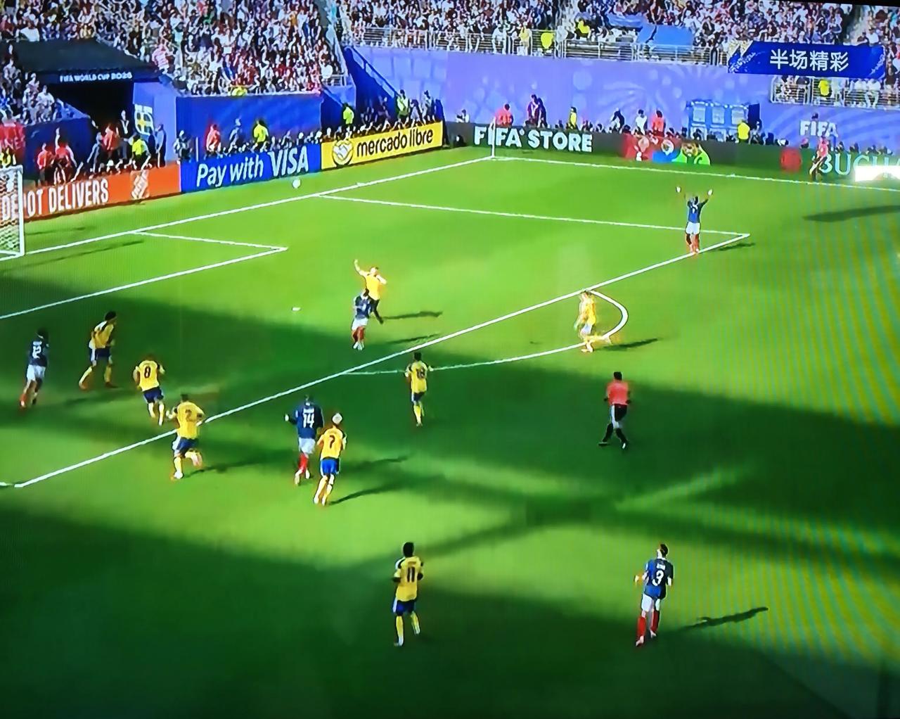 瑞典，目前上半场结束比分是法国队1：0 领先！
