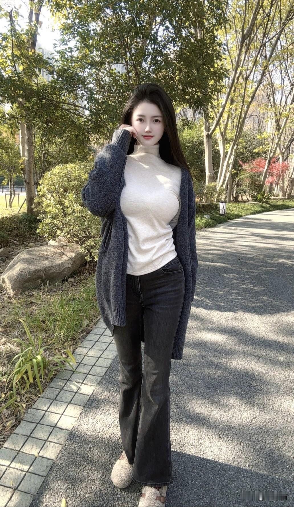 美女秋日穿搭技巧，这样穿简直绝美！简约白色上衣搭配宽松牛仔裤，再外搭一件灰色长条