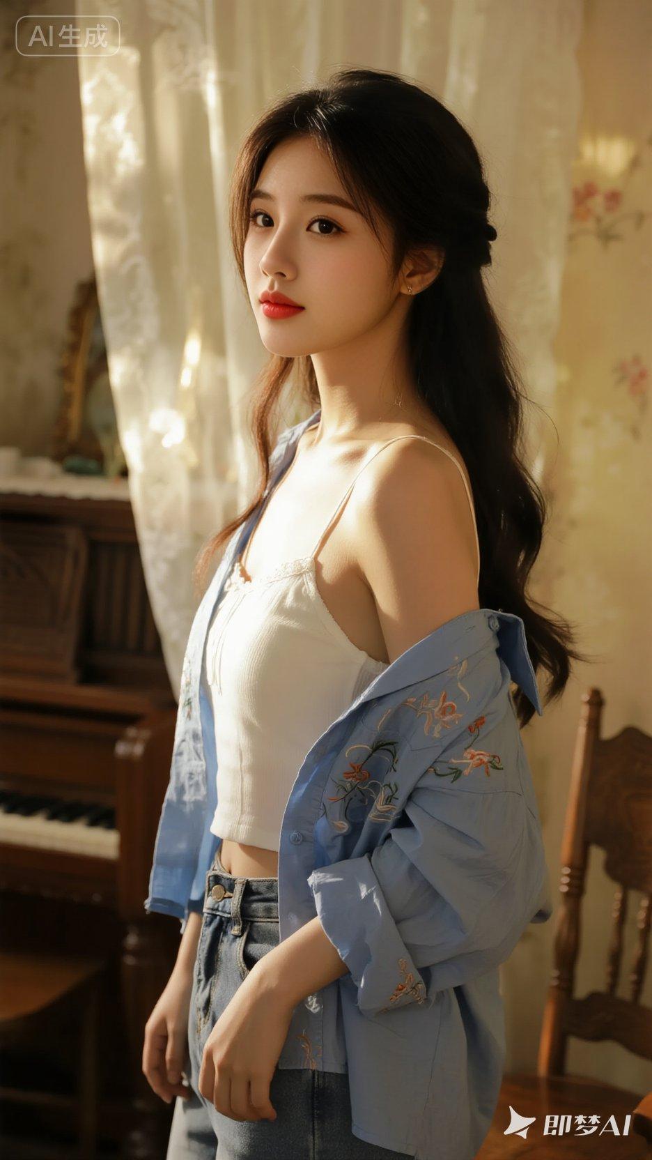 少女将长发松松挽起，几缕不听话的发丝垂落在修长的颈侧，为严谨的盘发增添几分慵懒魅