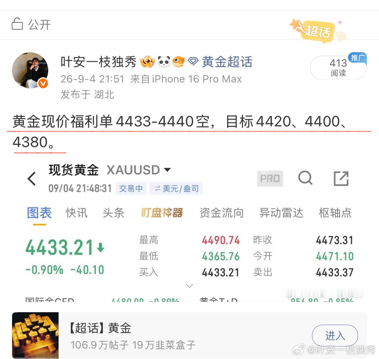 黄金现价单4433进空，收获21点箜间。图表之中，我窥见未来，趋势之下，我顺势而