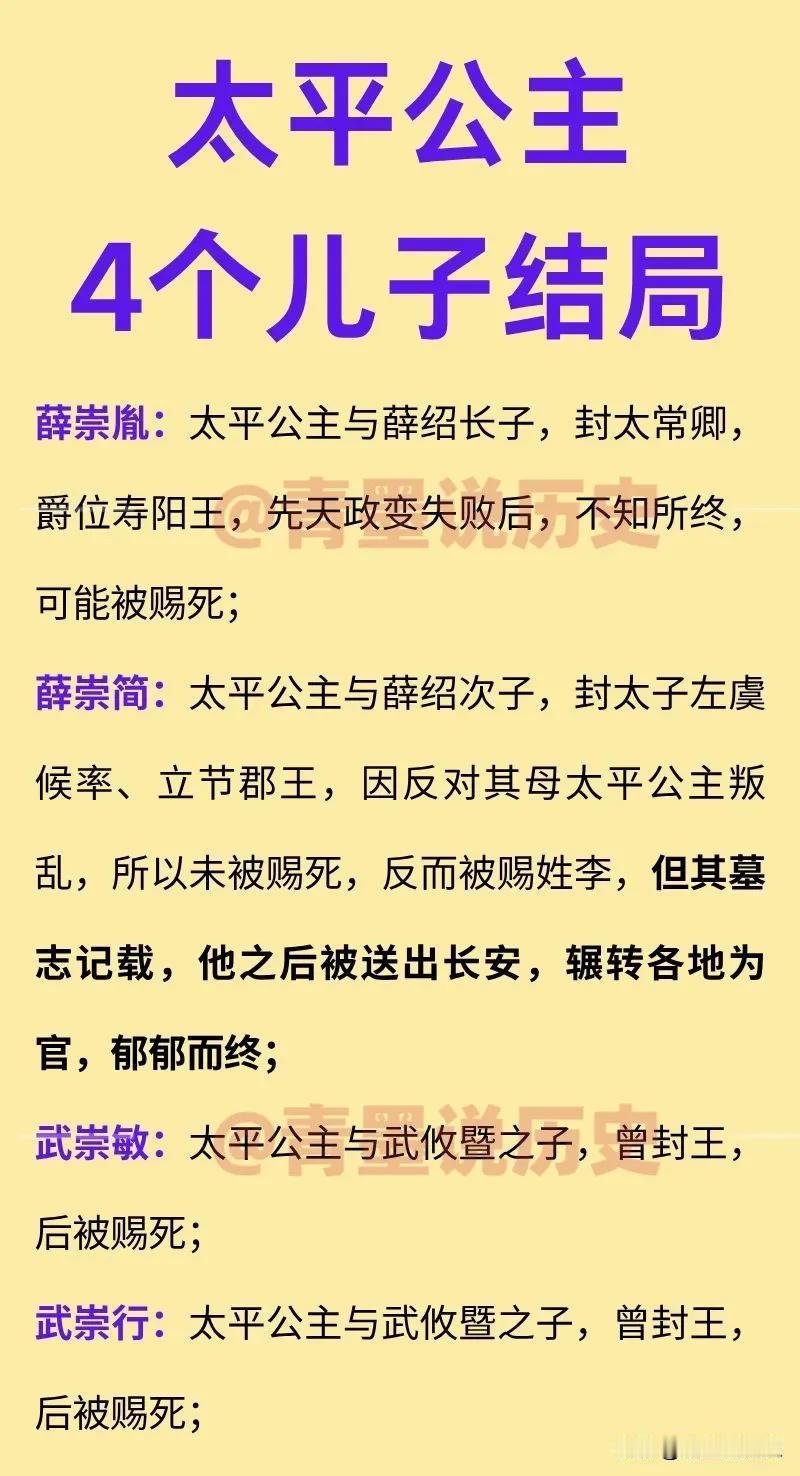 太平公主的4个儿子结局如何？

太平公主的第一任丈夫是薛绍，两人居然还是表兄妹，