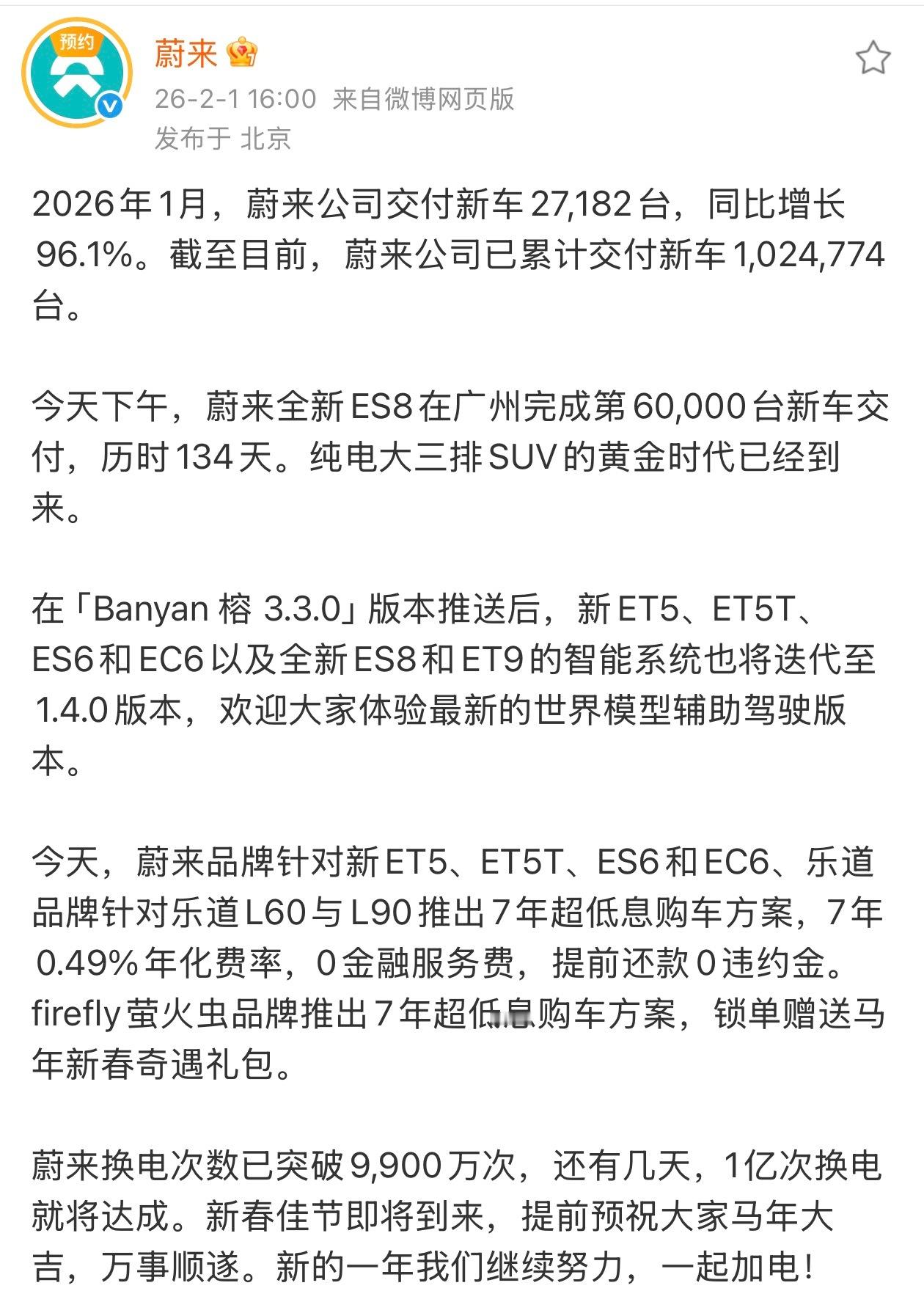 啊卧槽！绝了。蔚来 1 月交付 2.7 万辆，并且交付突破了 100 万。ES8