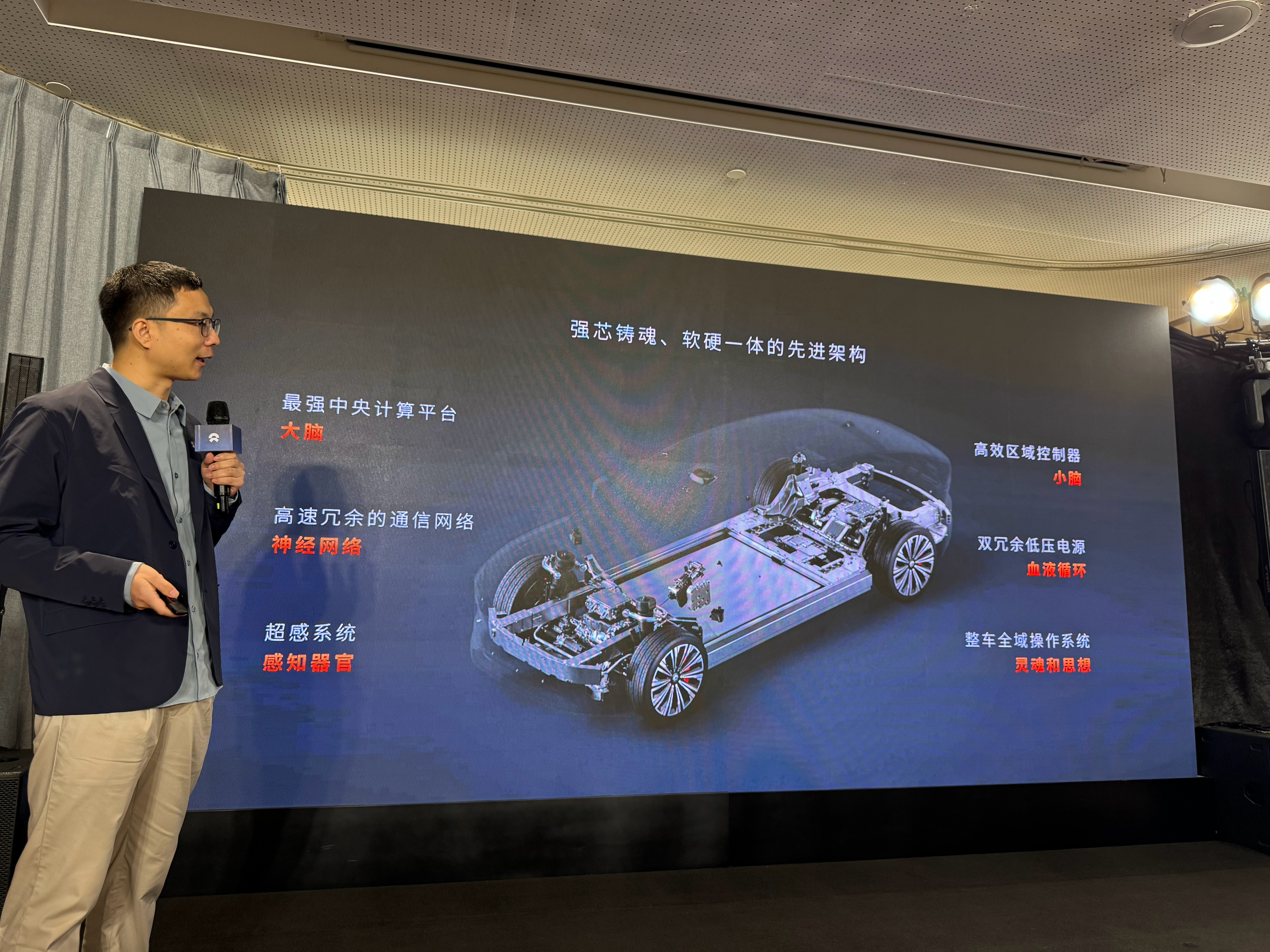 蔚来 ET9 智能化数字底盘架构，通过多个控制域打通整车控制，通过软件来定义汽车