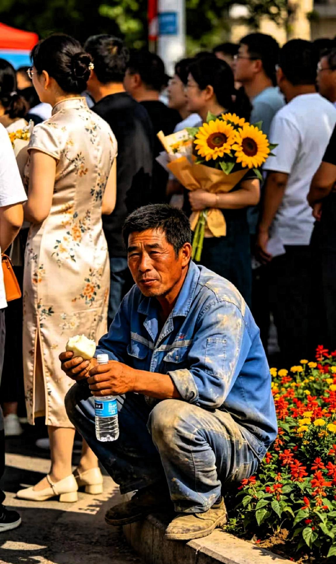 高考第一场，考场外一位父亲蹲在路边吃馒头，他穿着洗旧的蓝色工装，裤腿沾着些许水泥