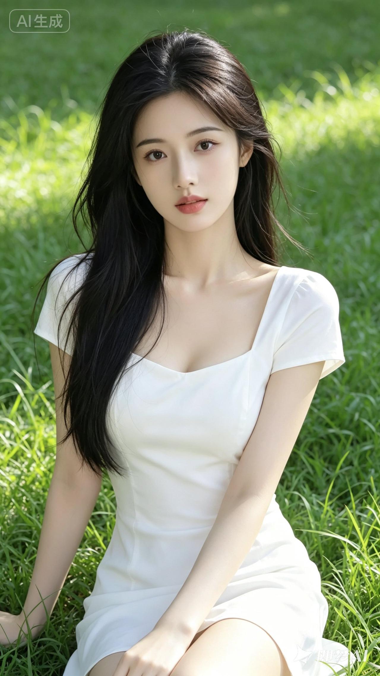 夏日清新白裙照，绿草如茵的自然美