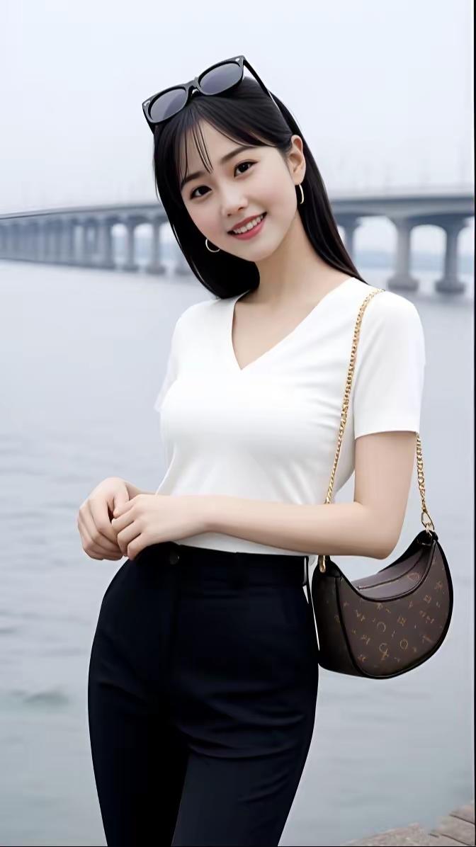 元气少女海边度假，白色上衣+黑色高腰裤，搭配时尚小包，轻松自在！🌊👗👜