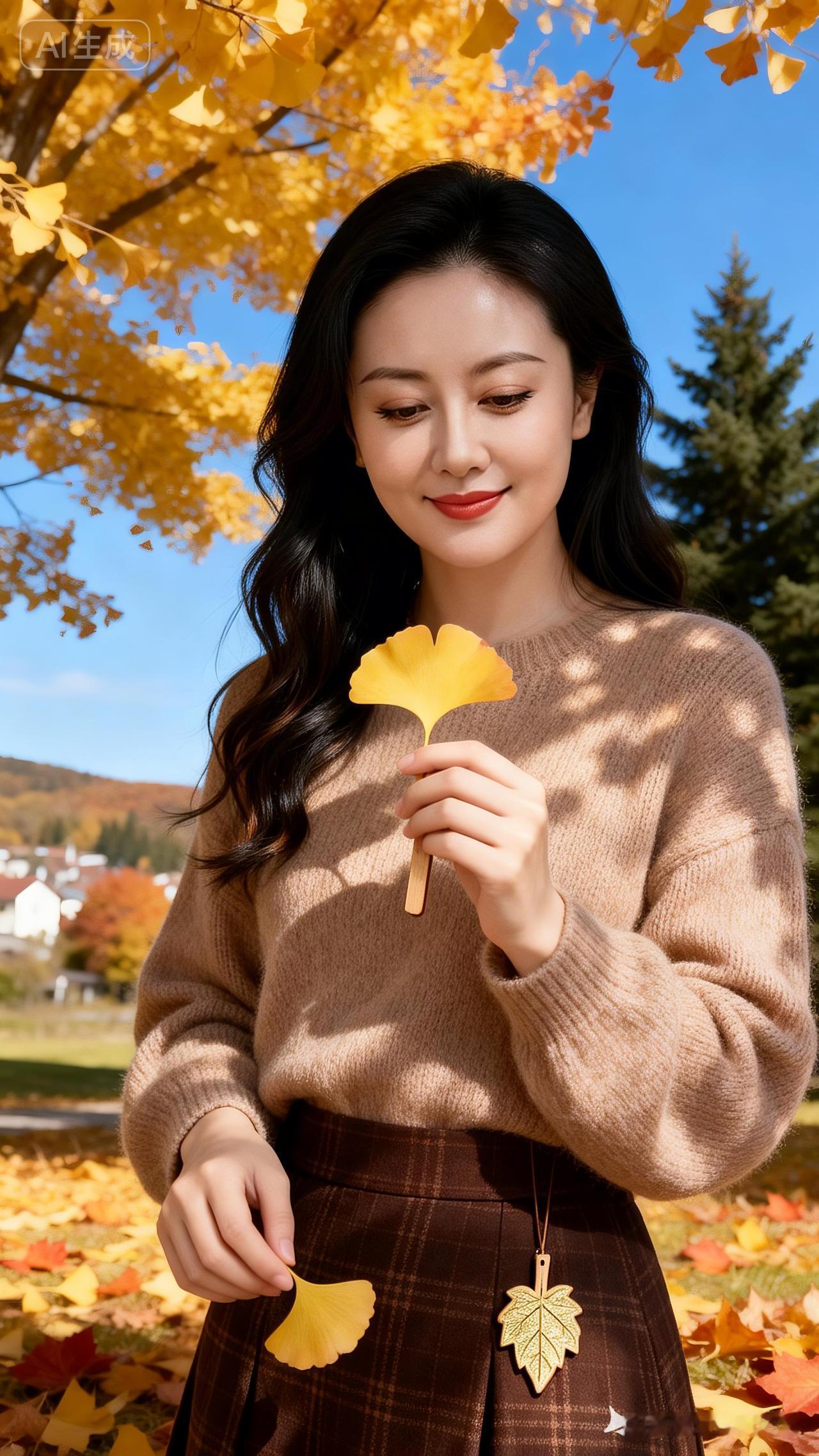 秋日暖阳下的甜美少女，手持落叶，尽显温柔与浪漫。