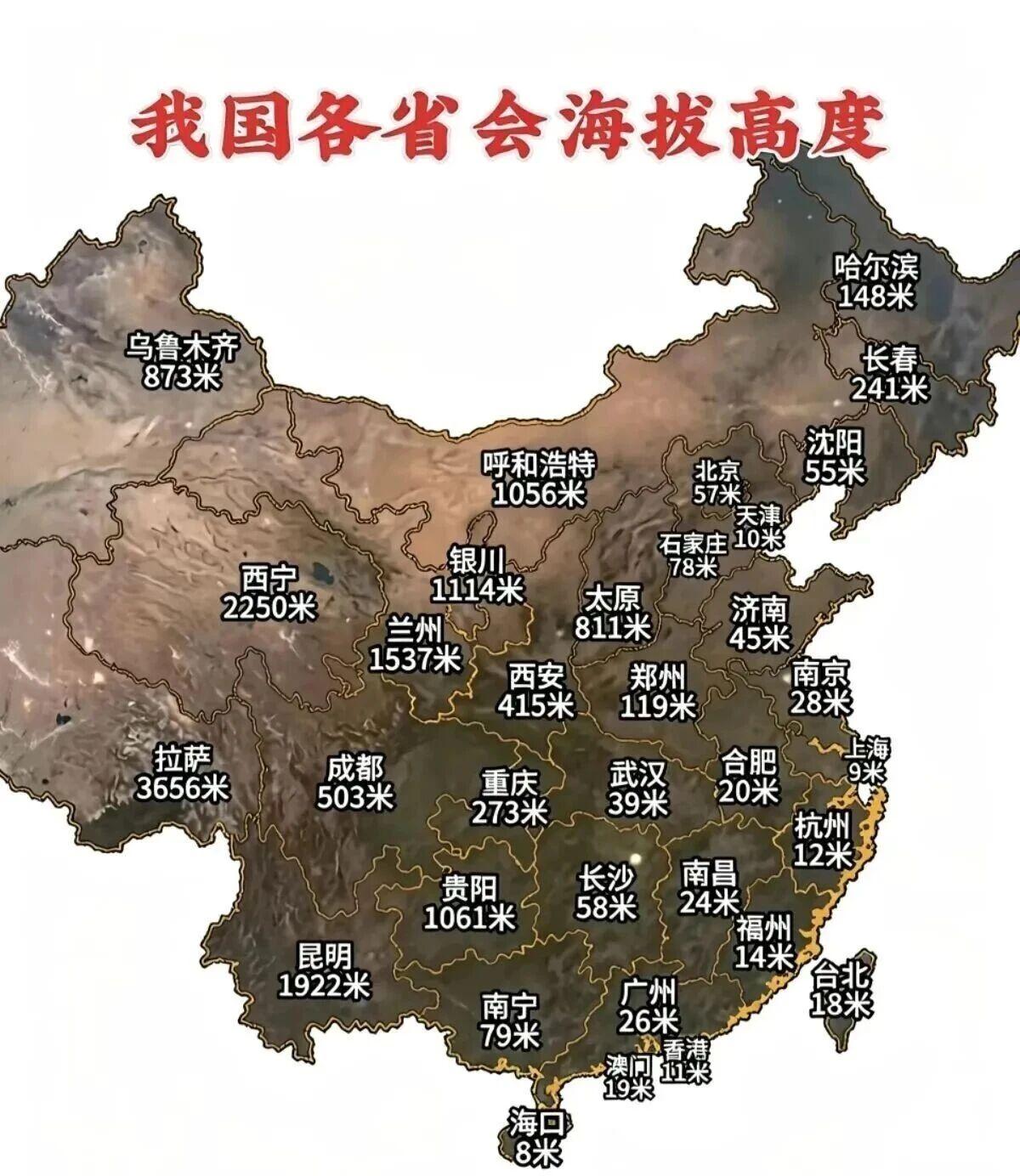 看了我国各省会海拔高度地图，几点感触：

[机智]青藏，云贵，黄土三大高原基本上