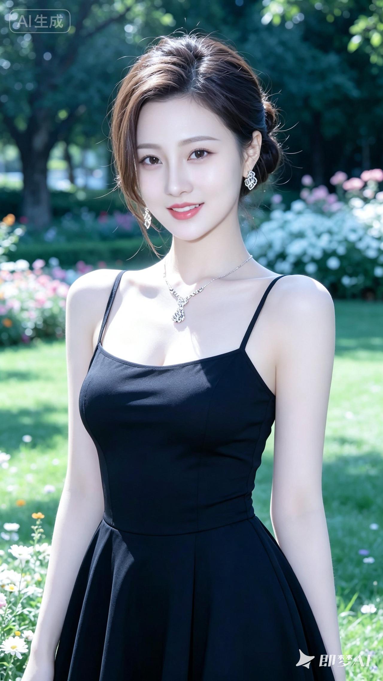 一位穿着黑色裙子的美女在花园里拍照。