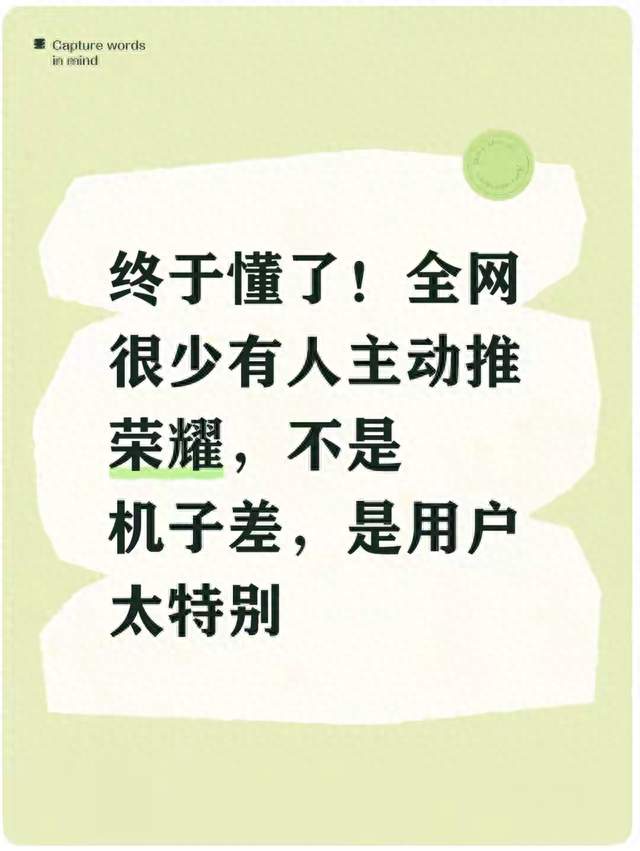 终于懂了！全网很少有人主动推荣耀，不是机子差，是用户太特别