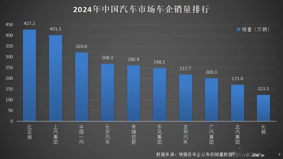 2024年的汽车市场最大的赢家毫无疑问是比亚迪，以全年销量427万辆（同比增长4