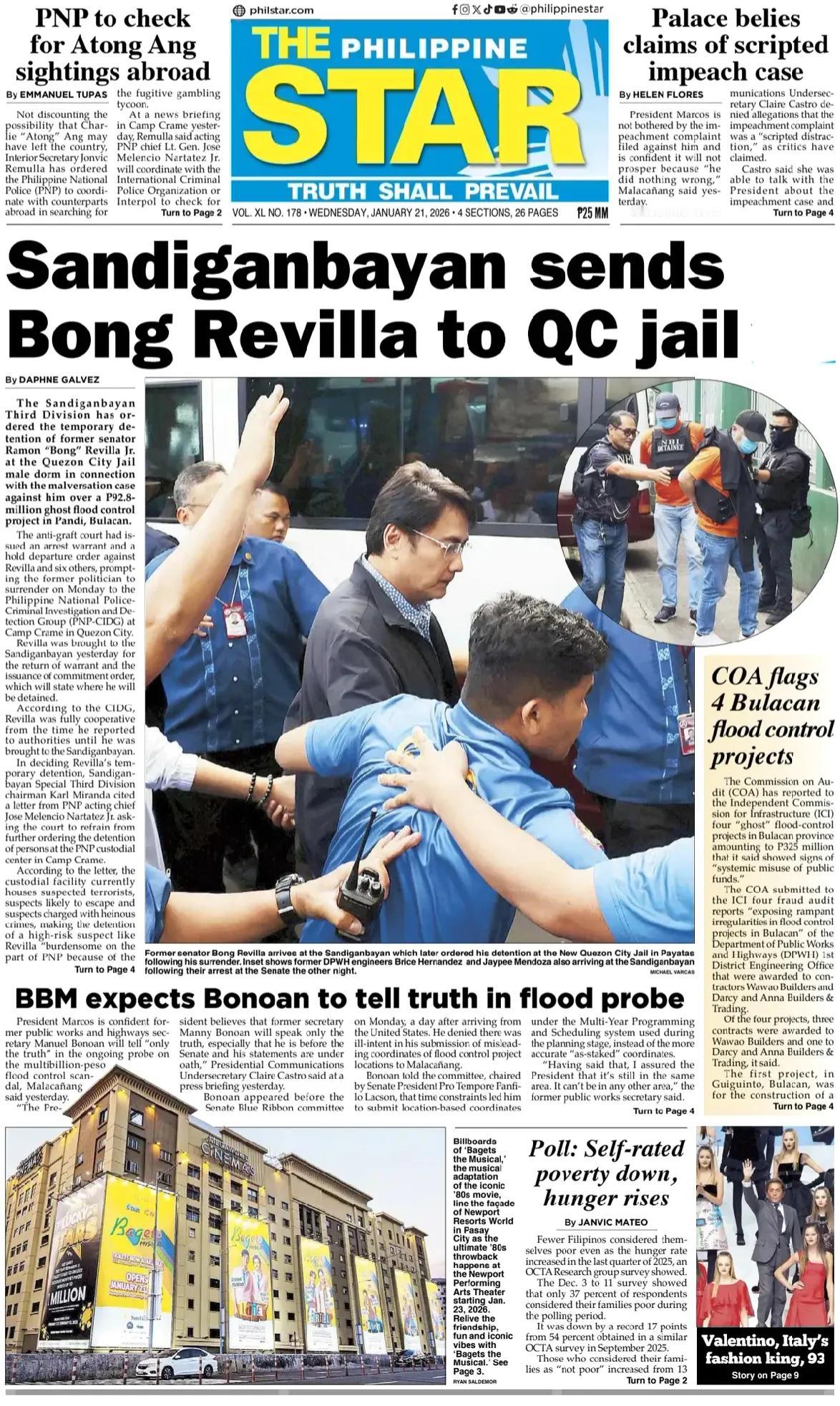 菲律宾政府因为防洪工程腐败案件，开始向自己的“盟友”进行司法拘留。
《菲律宾星报