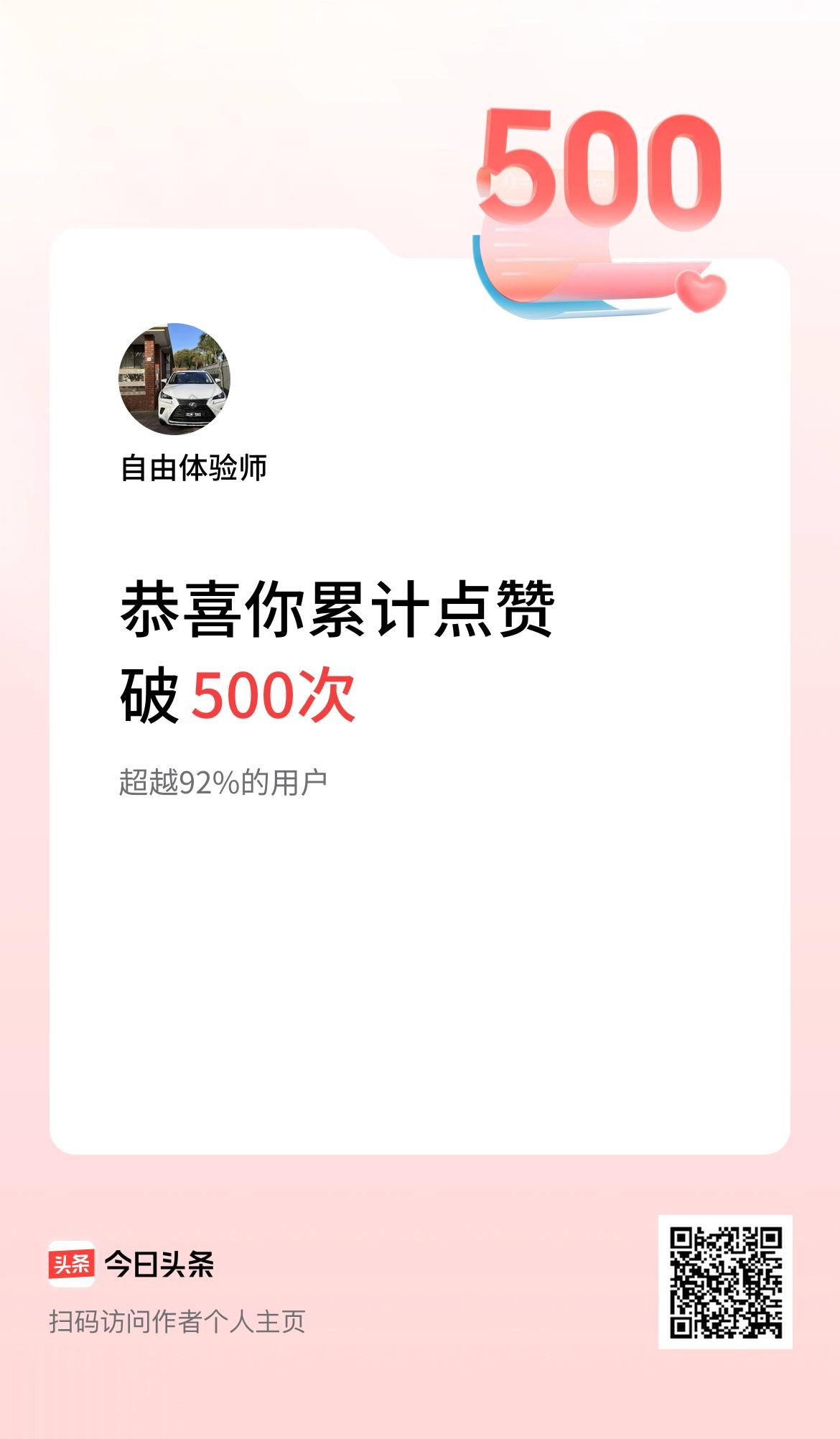 我在头条累计点赞破500啦！