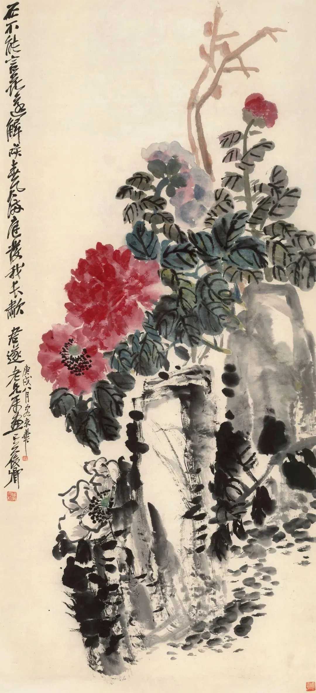 吴昌硕 春风满庭图，设色纸本 1910年作137×63 cm。创作于1910年，