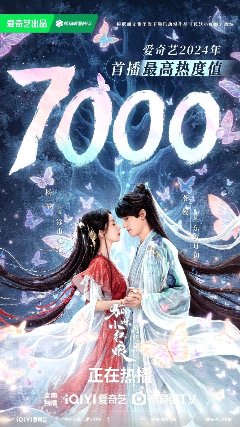 杨幂《狐妖小红娘》爱奇艺热度破7000，开局情况大好，首日热度已超过狂飙、苍兰诀