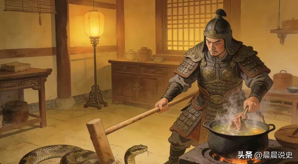 北宋初年的一天，大将党进回家后发现了一条大蛇，他用棍子几下将大蛇打死后，用蛇肉炖