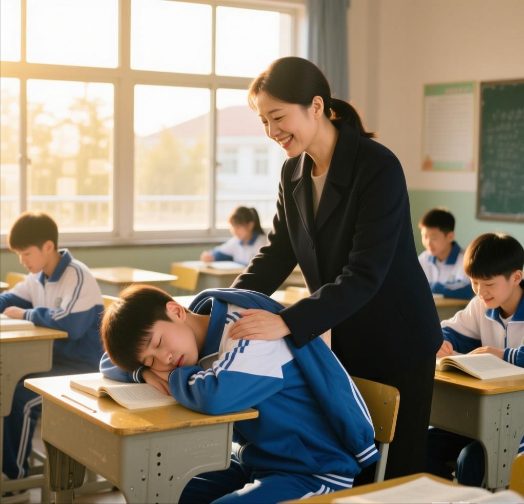 老师出奇招
山东青岛某高中早自习上，一名男生因熬夜学习打瞌睡，老师未采取常规惩罚