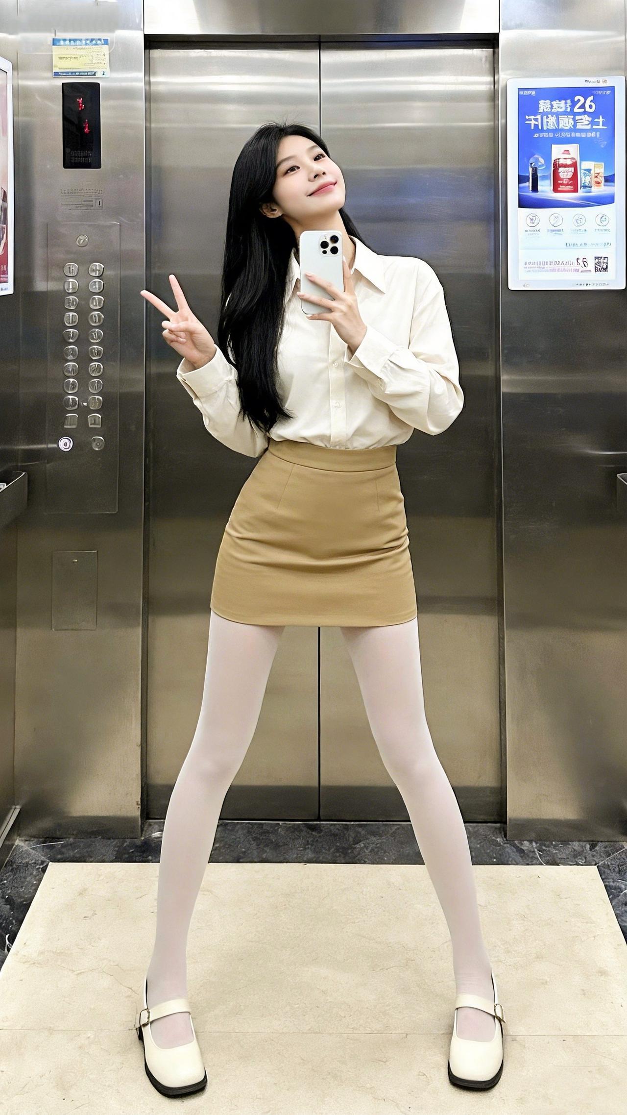 这种清而不寡的轻熟甜乖风你们爱了吗？电梯间里，奶白衬衫裹着干净清爽，卡其短裙一搭