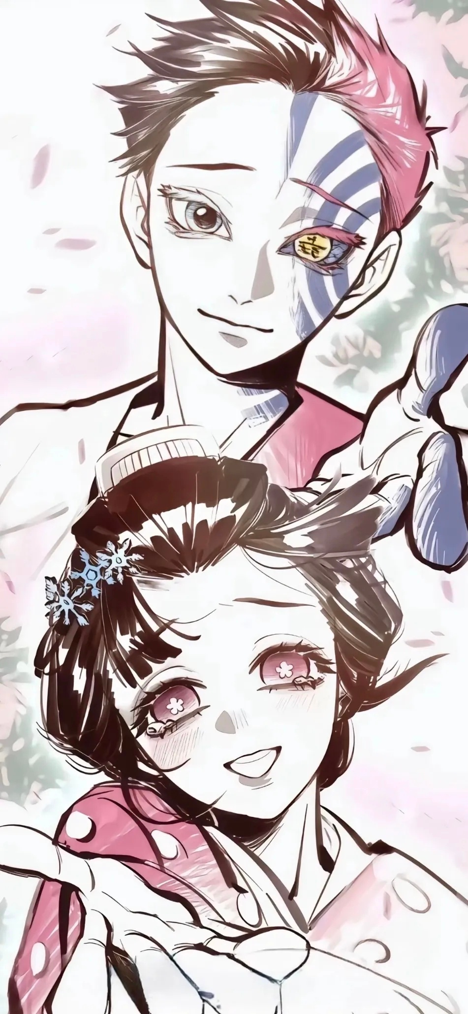 一组猗窝座和恋雪的壁纸。鬼舞辻的血鬼术撕碎了人间暖意，却锁不住猗窝座心底的余温。