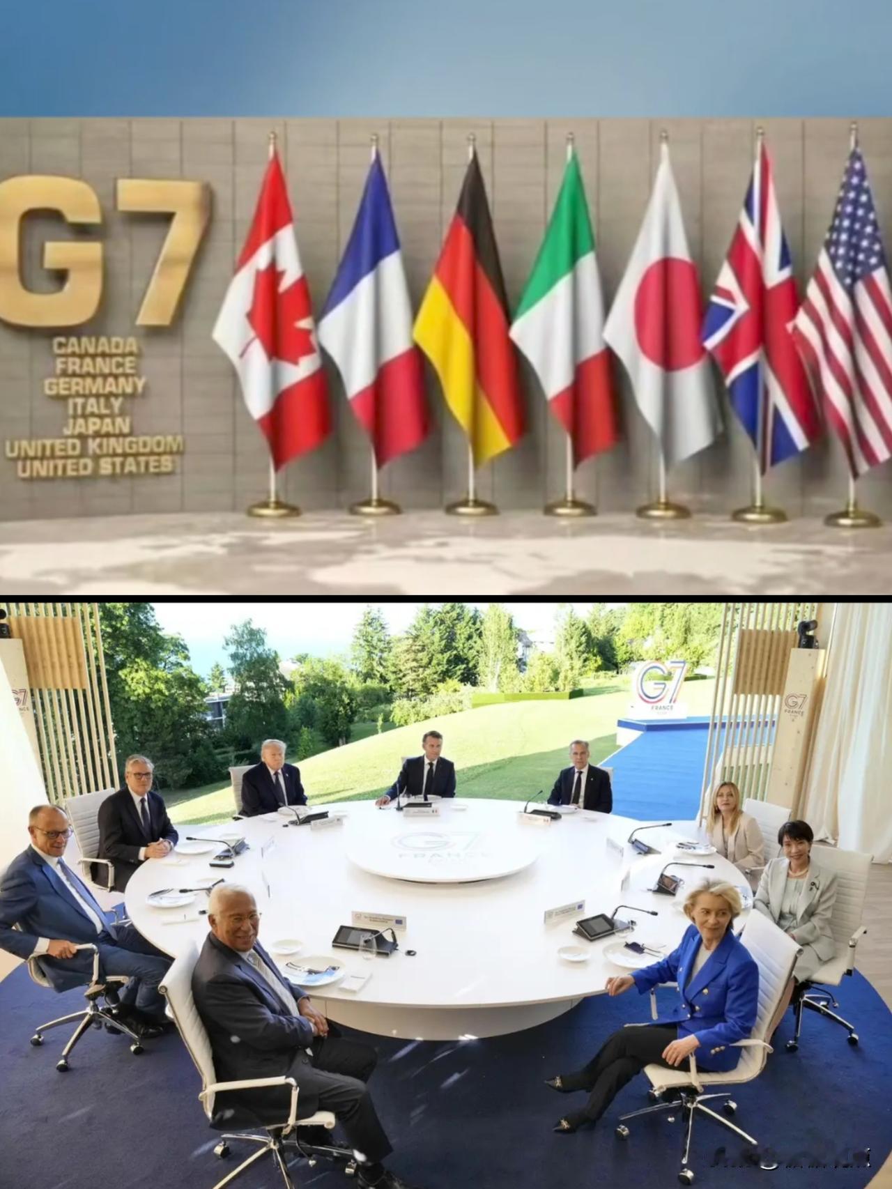马克龙坐在C位，看这一桌有法国、美国、加拿大、英国、意大利、德国、日本，好无聊的