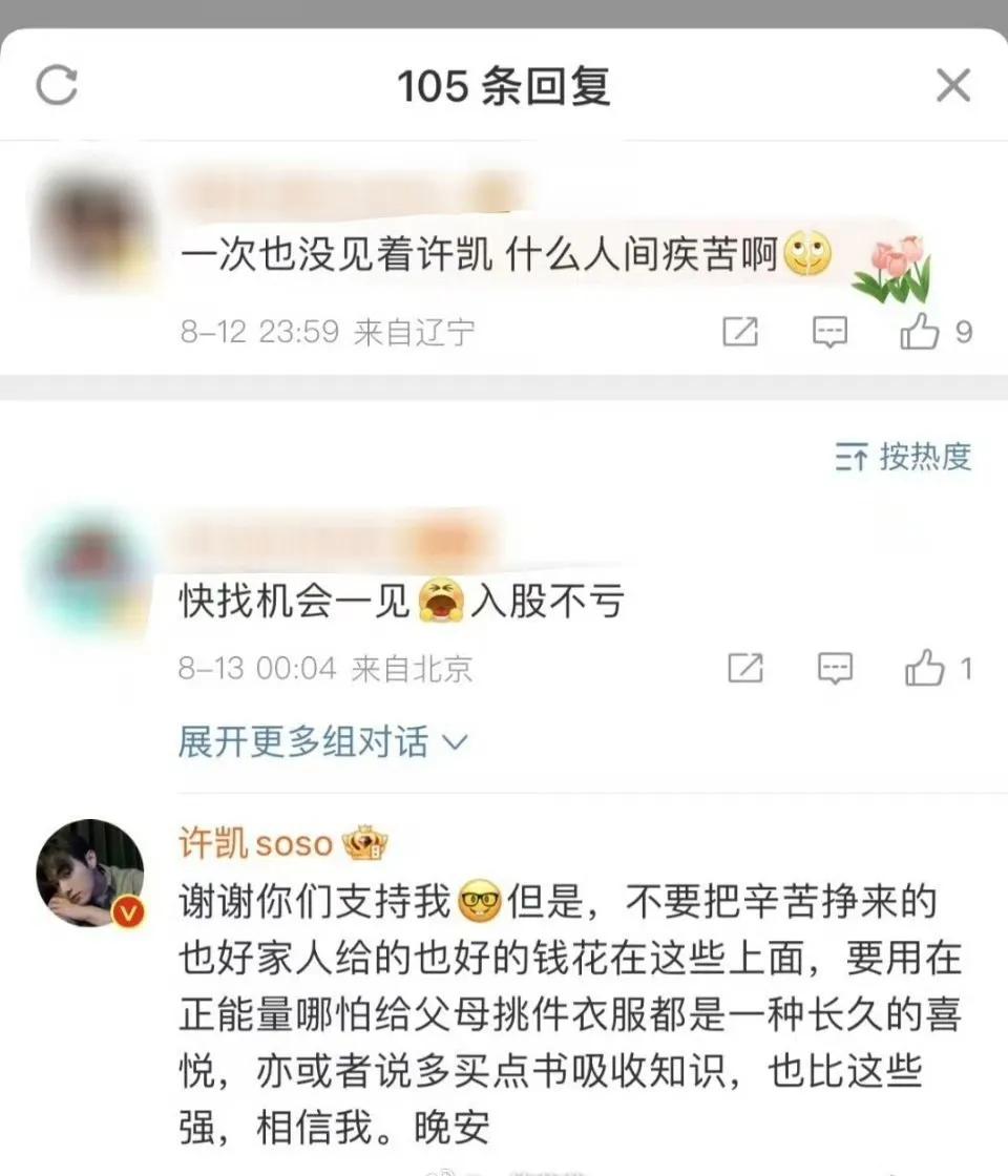 许凯好会引导网友，而且特别大气。许凯深夜回复网友，呼吁网友把辛苦挣来的钱用在正能
