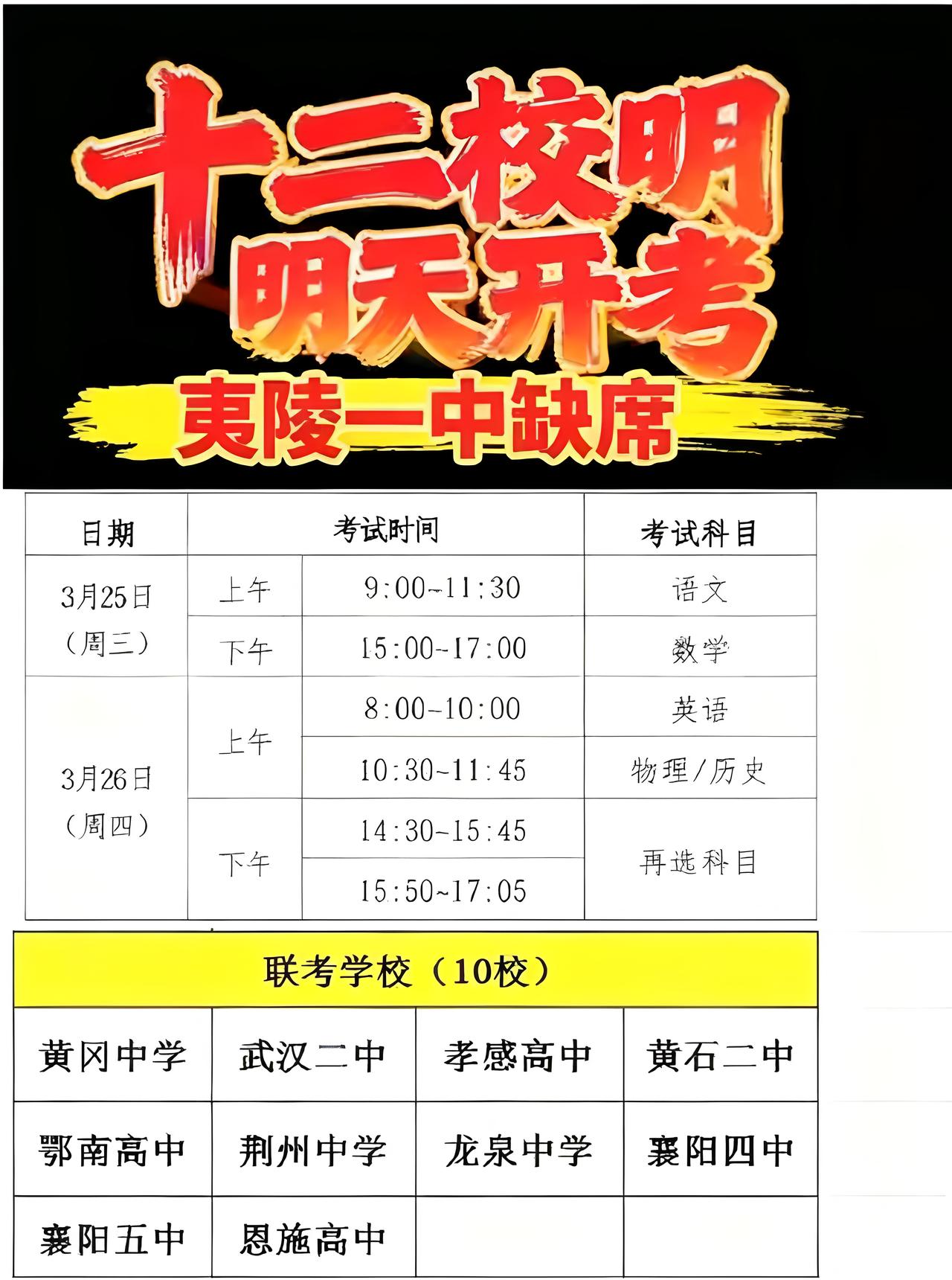 湖北十二校第二次联考明天开考！

2026年3月25日周三，湖北2026届高三十