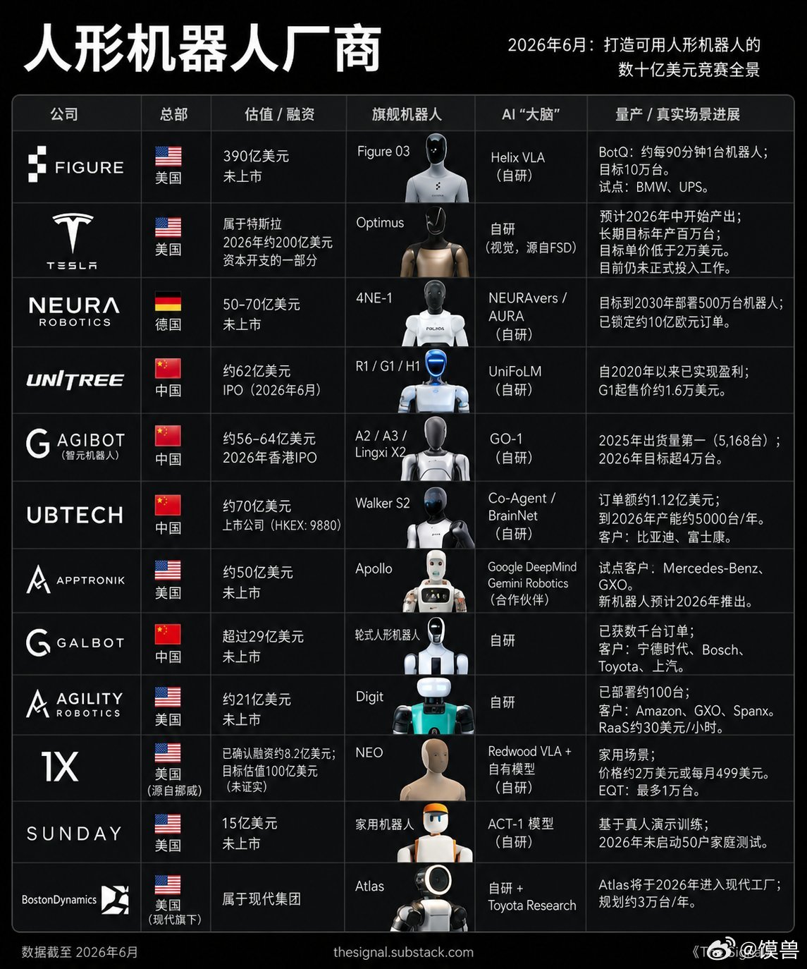 截至 2026 年 6 月的人形机器人市场格局。人形机器人